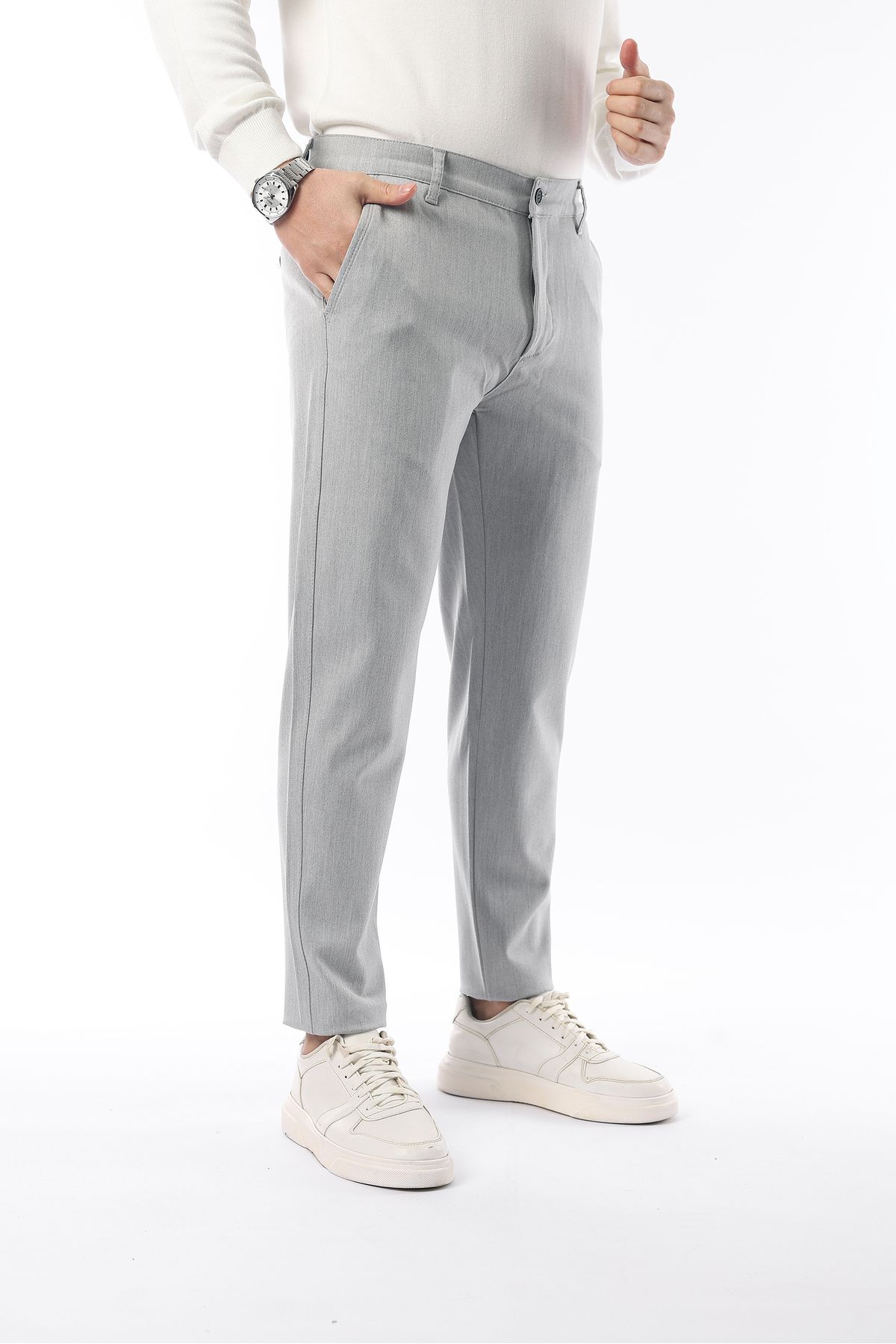 İDS COLLECTİON-Pantaloni sezonieri din țesătură lycra slim fit gri deschis 4