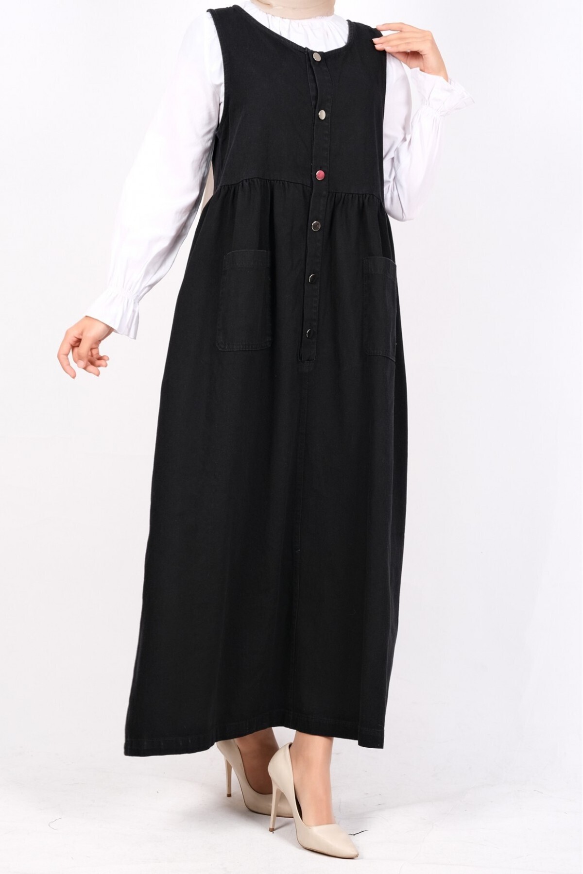 Modamorfo-Front Pocket Waist Drawstring Half Placket Denim Gilet -Black 2