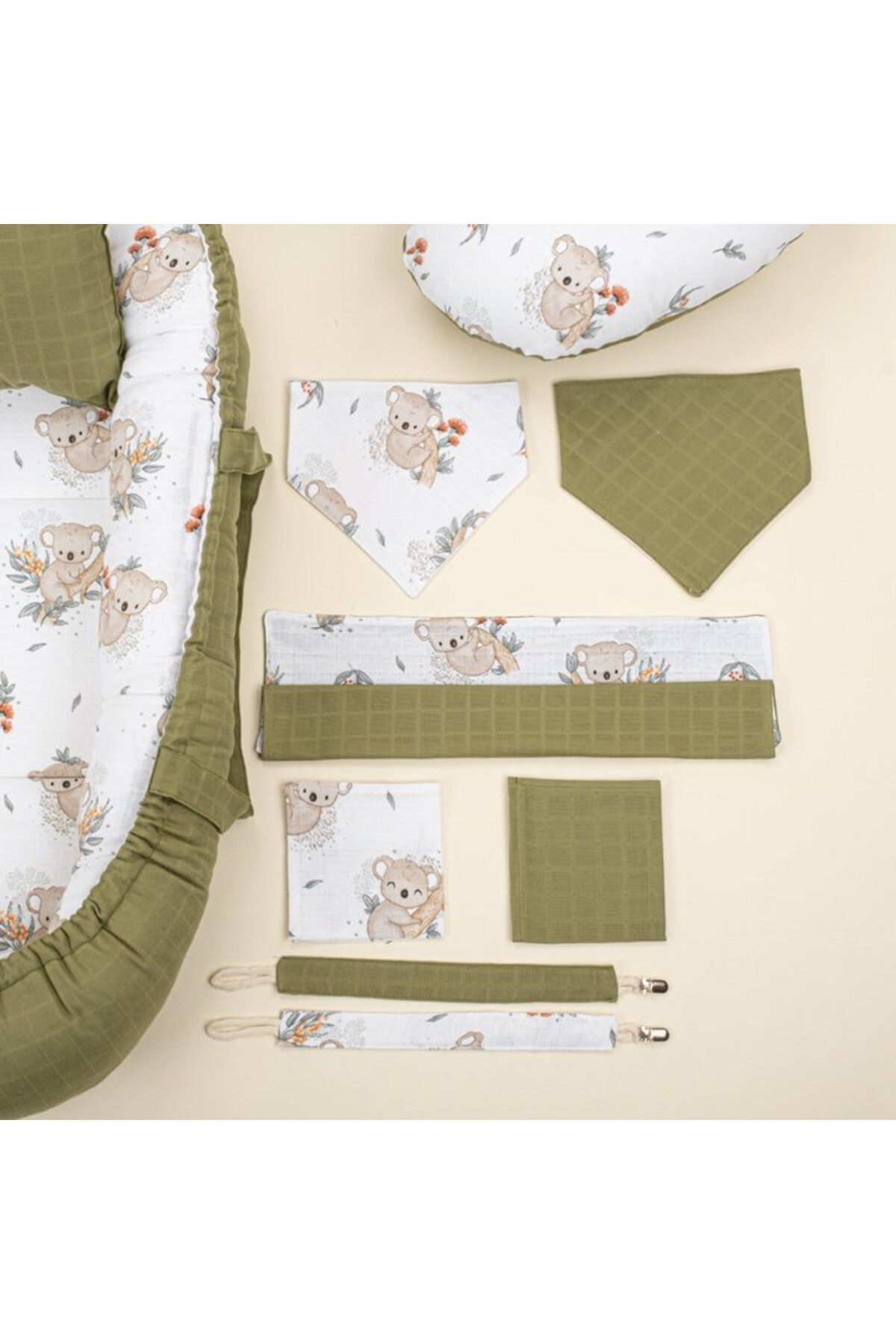 Yunikobaby-18 Pieces Full Set - Double Sided - Dark Pistachio Green Muslin Koala 4