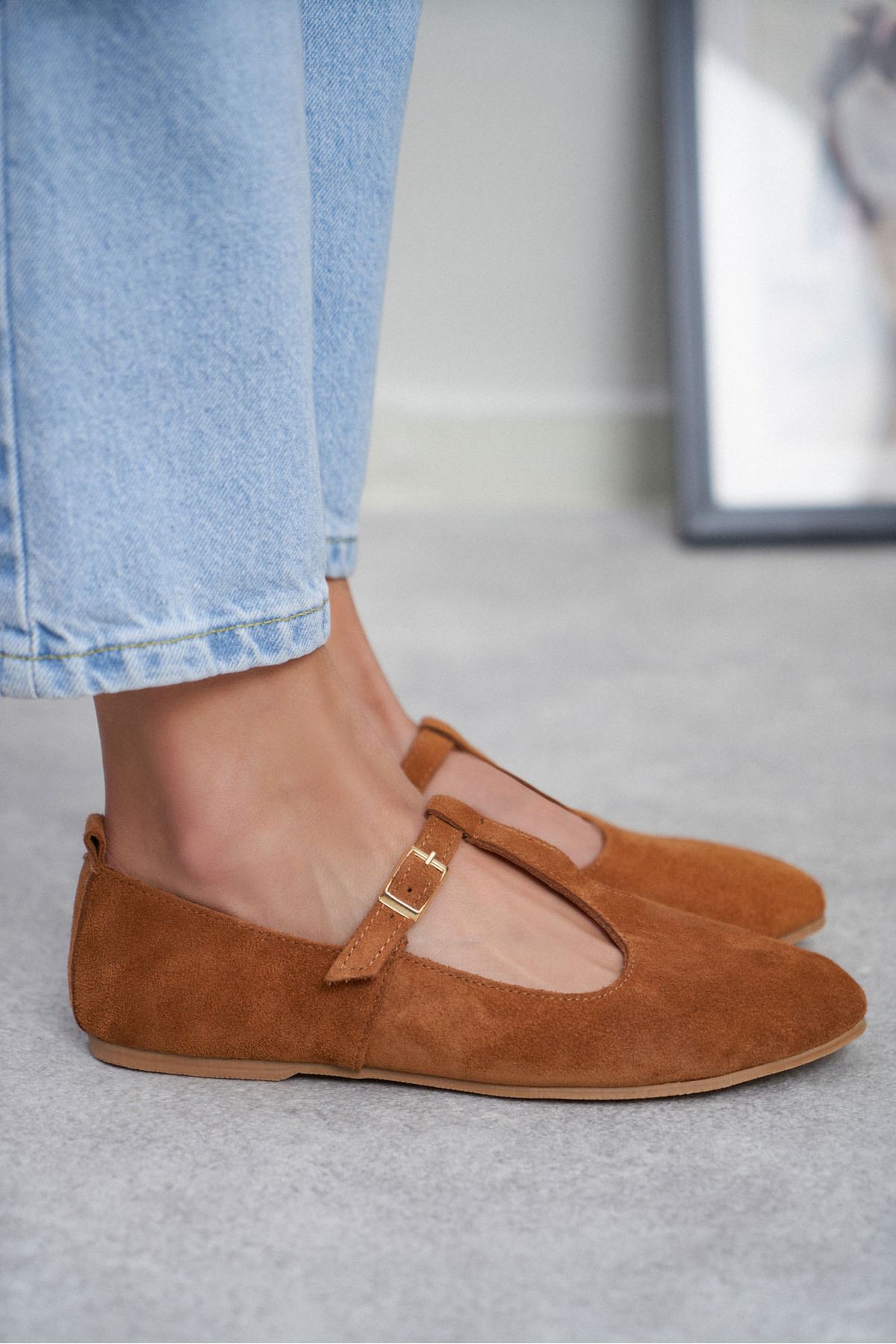 NİŞANTAŞI SHOES-Palmer Tan Inside and Outside Genuine Suede Buckle Detailed Flat Sole Women's Ballerinas 5