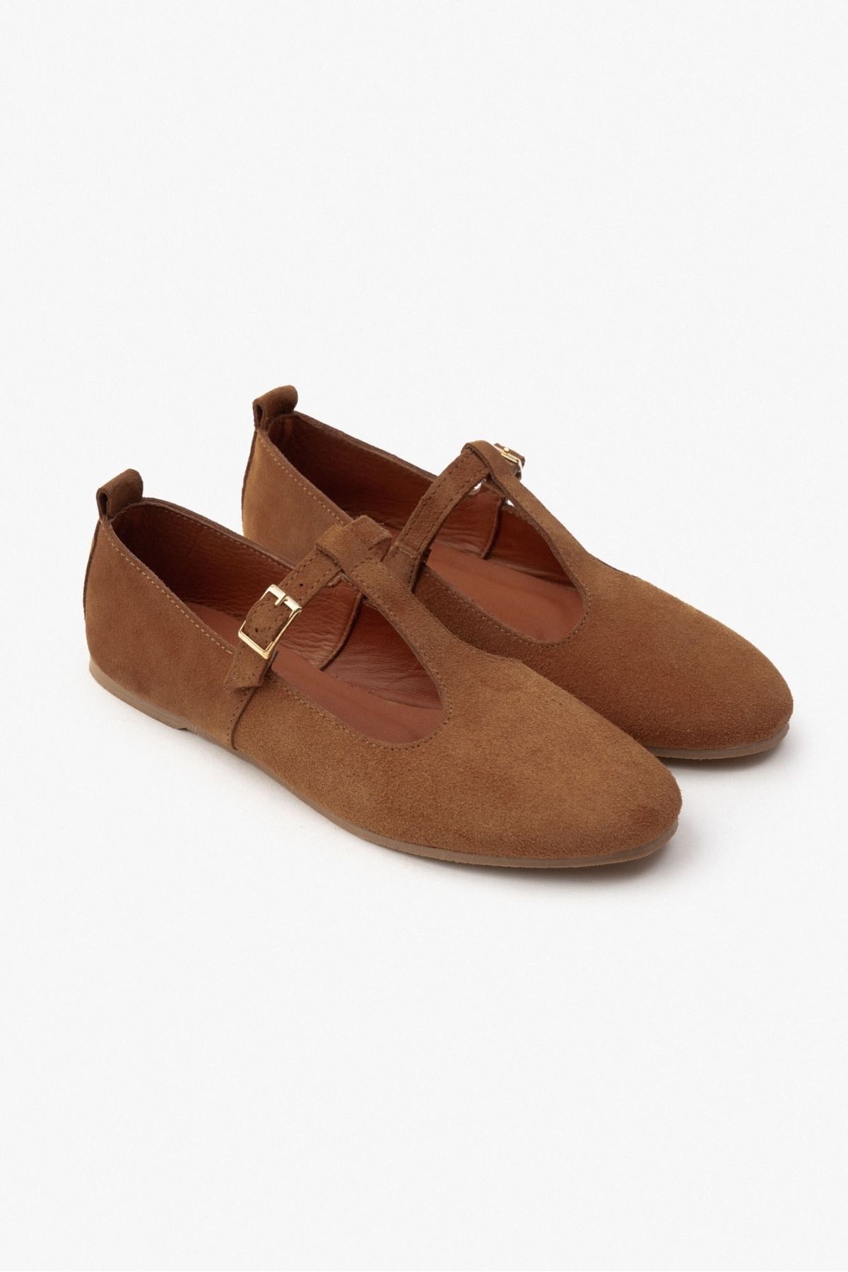 NİŞANTAŞI SHOES-Palmer Tan Inside and Outside Genuine Suede Buckle Detailed Flat Sole Women's Ballerinas 7