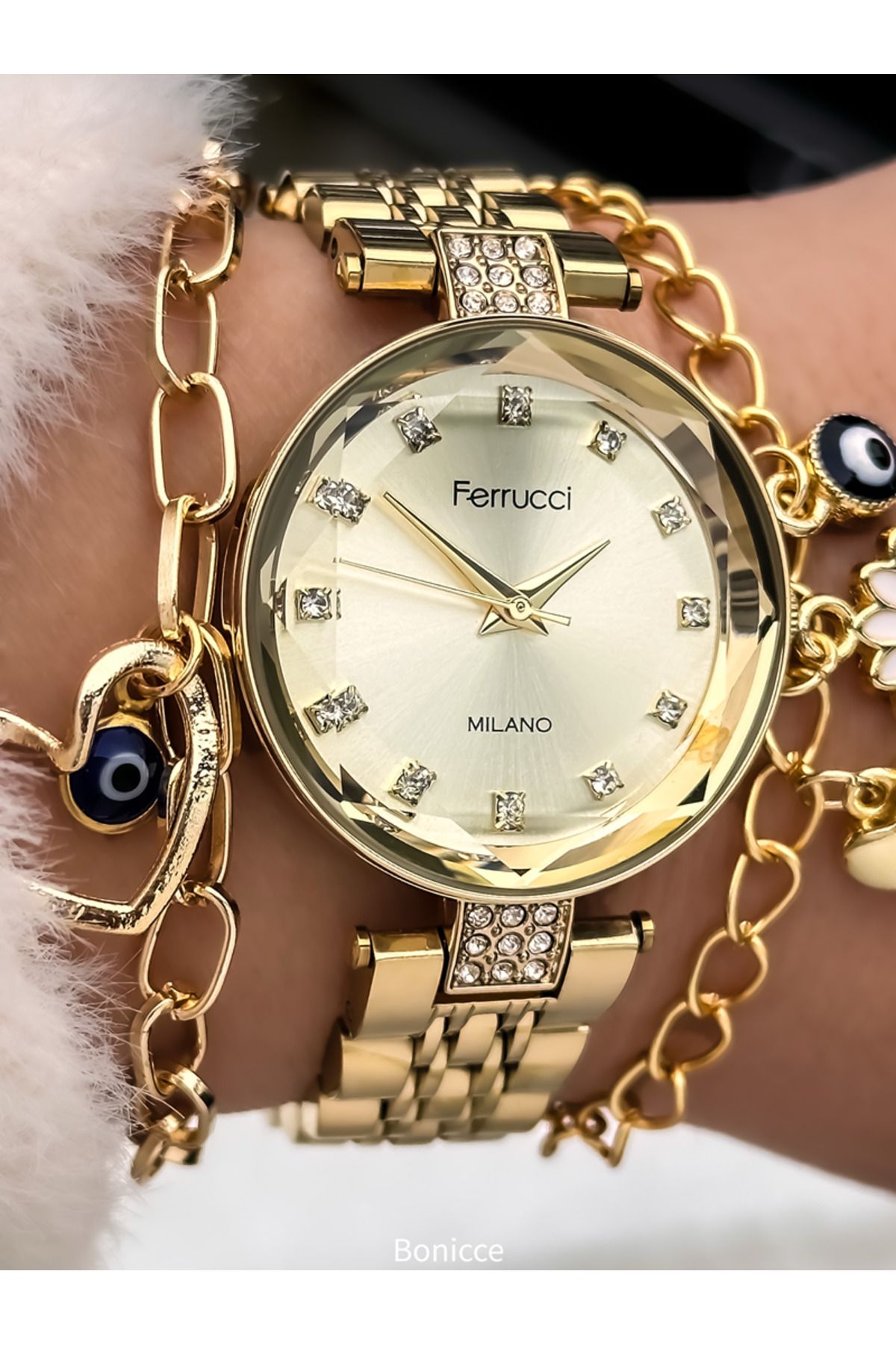 Ferrucci-Gold Color Steel Band with Cutout Glass Women's Wrist Watch Bracelet Gift 1