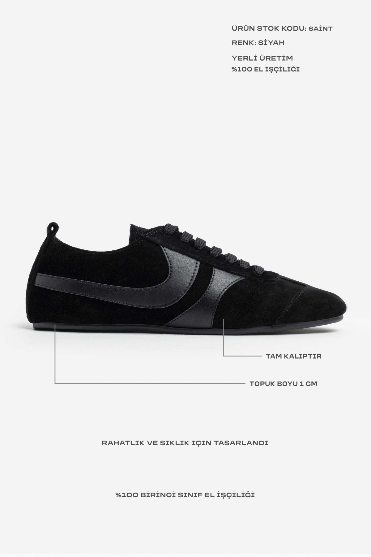 NİŞANTAŞI SHOES-Saint Black Genuine Suede Flat Sole Women's Lace-Up Sneakers 3