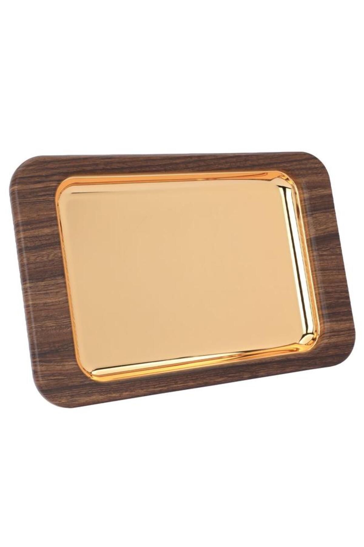 ALSAIF-Steel Tray With Wood Edge 40 X 26 X 3 Cm Small Rectangle Gold 1