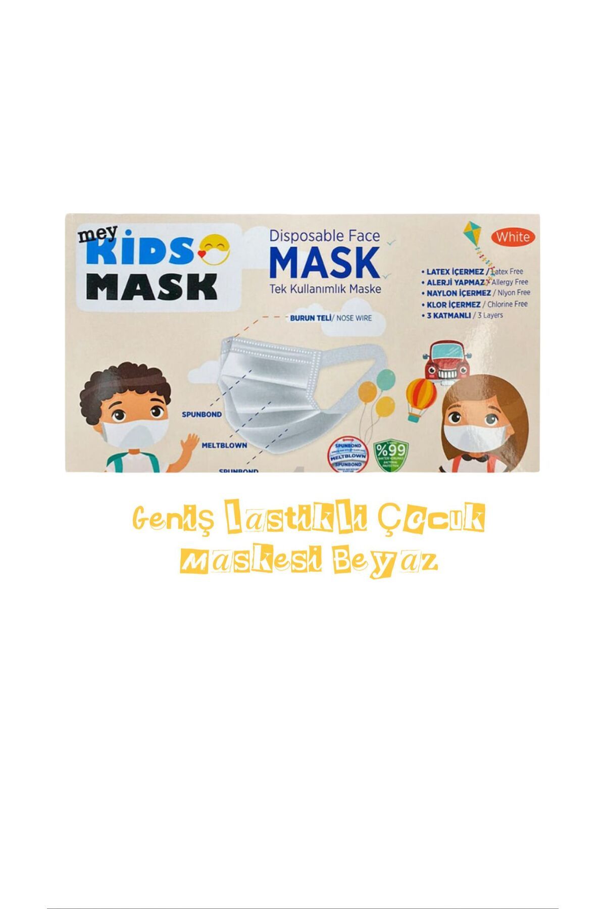 Meymed 200 Adet Maske Çocuk 3 Katlı Meltblownlu Geniş Lastikli Beyaz 50'li 4 Kutu