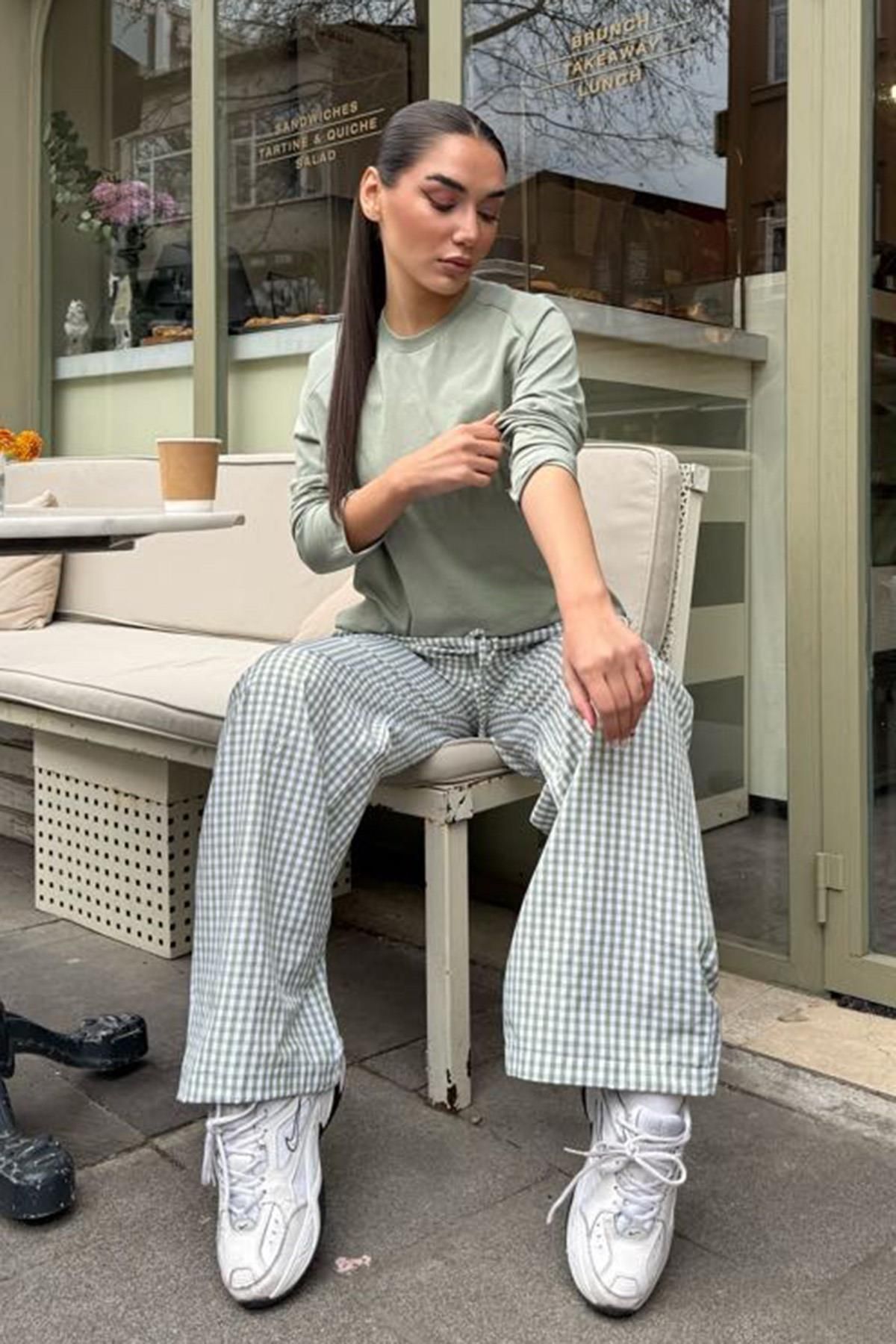 Madmext-Hellgrüne Gingham-Damenhose mit weitem Bein Mg2335 7