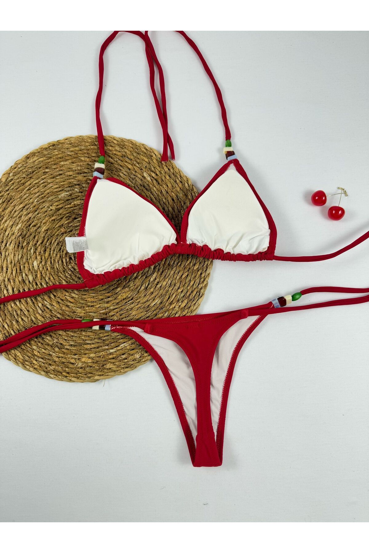 FUNELLA-Women's Red Bead Detailed Lycra String Bikini Set Stylish Drawstring Thong Bikini Set New Model 2