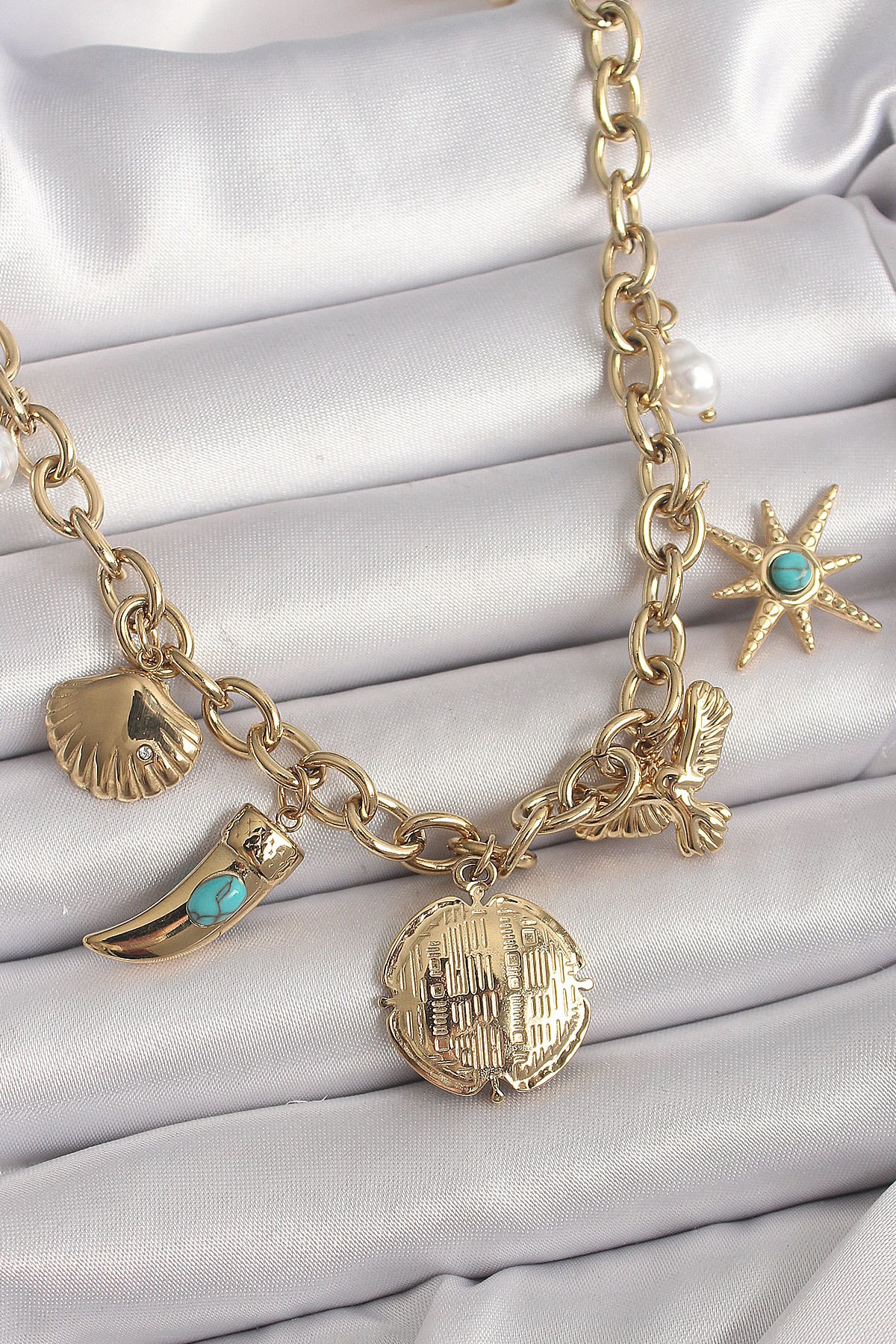 BirdoluSepet 316L Çelik Gold Renk Zincir Sallantılı Çoklu Figür Model Kadın Kolye