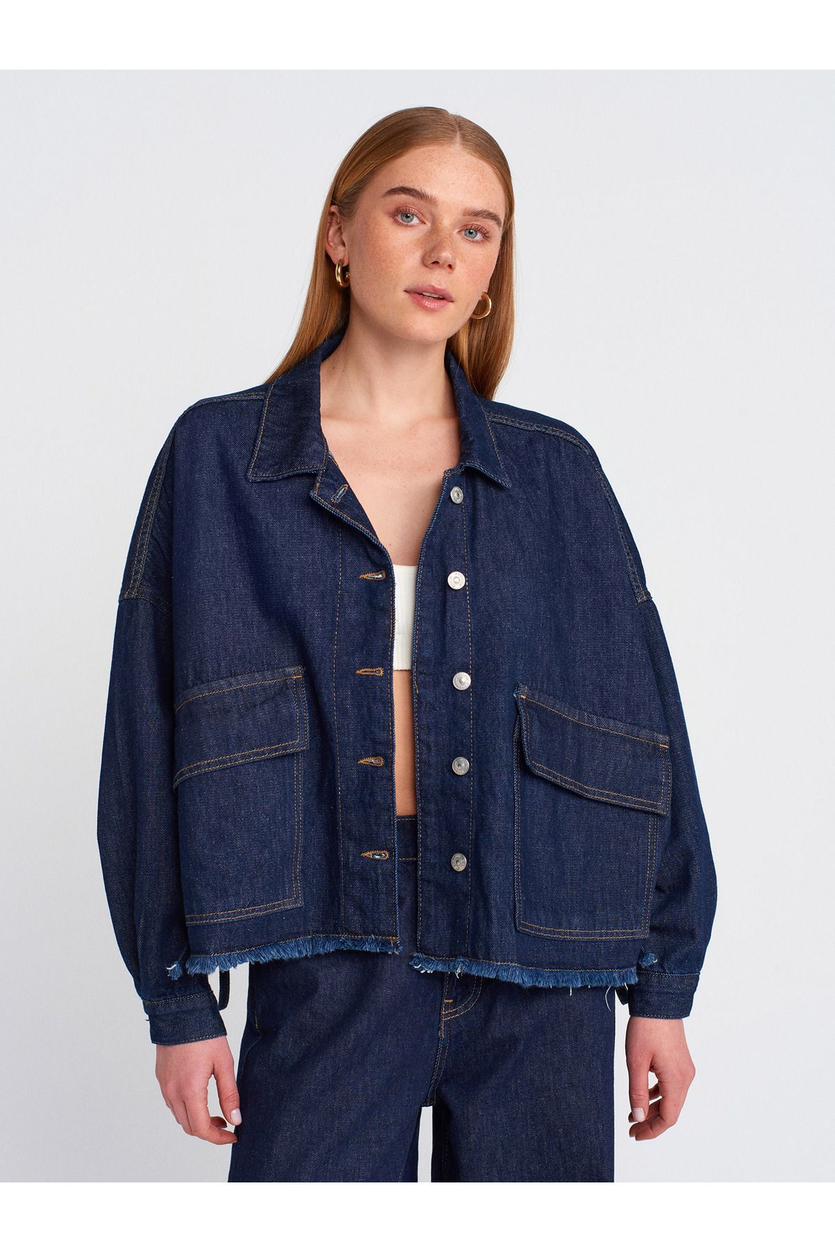 Dilvin-65362 Rins Wash Oversize Denim Coat-Navy Blue 1