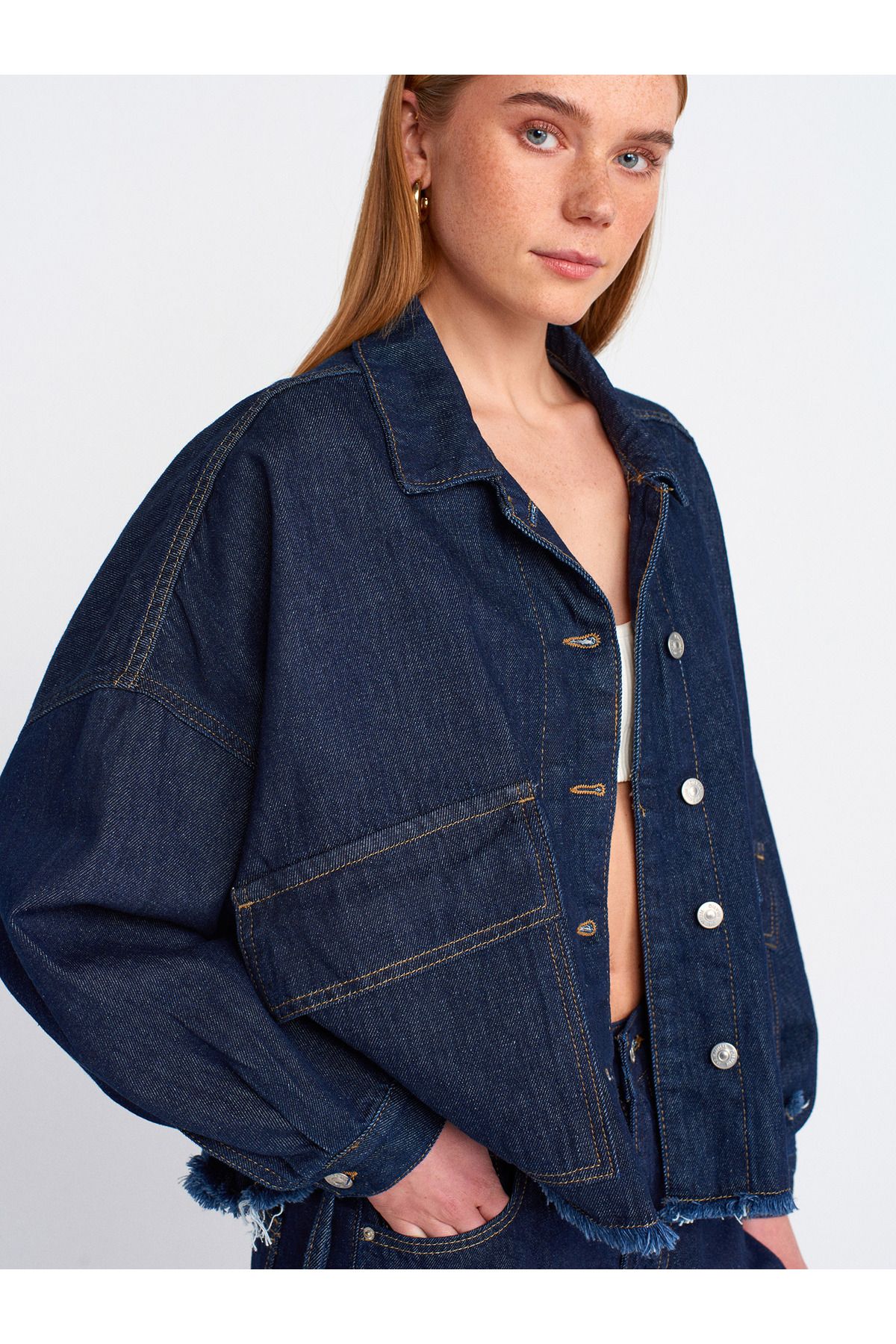 Dilvin-65362 Rins Wash Oversize Denim Coat-Navy Blue 4