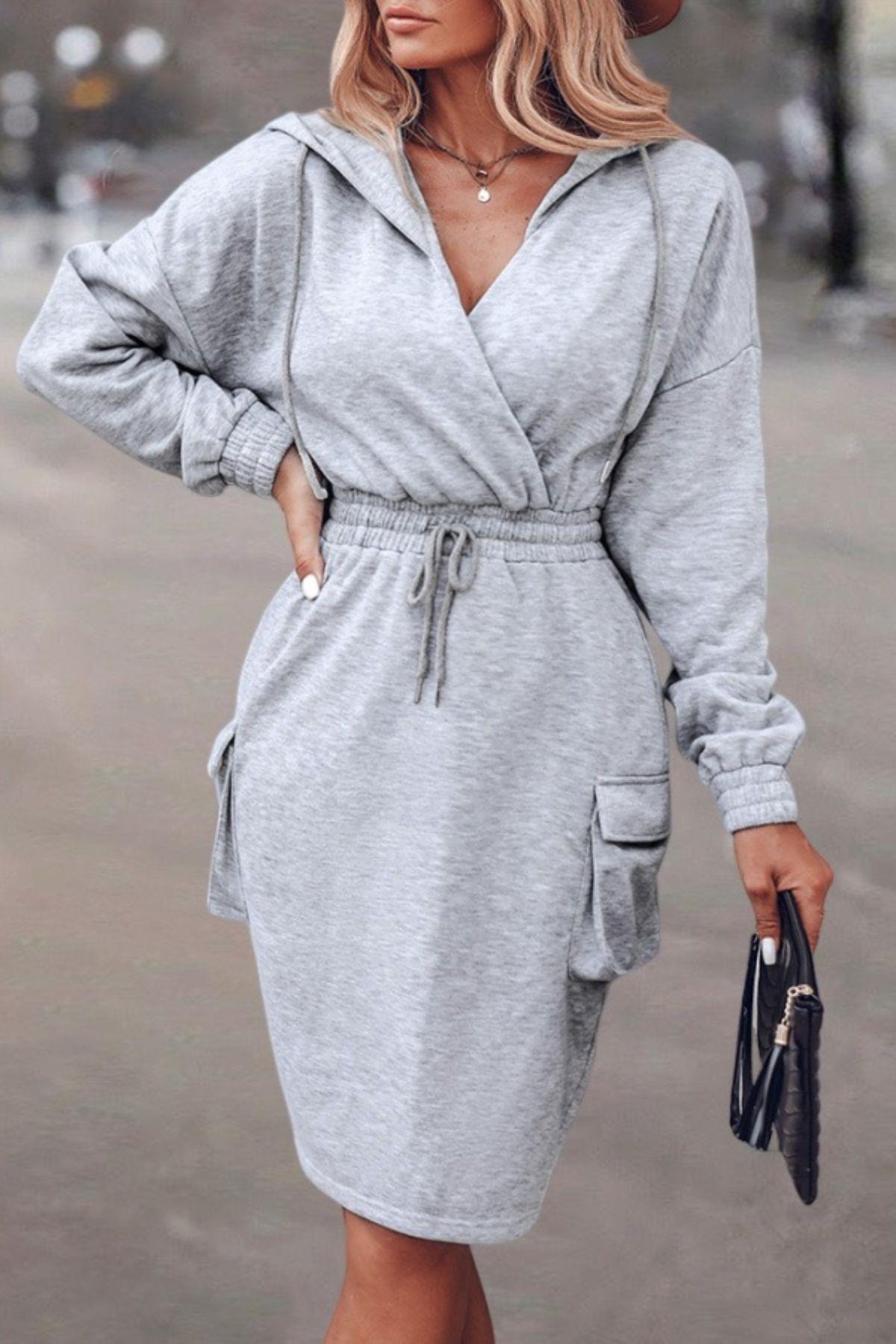 Mossta-Gray Double Breasted Neckline Hooded Two Yarn Dress 2