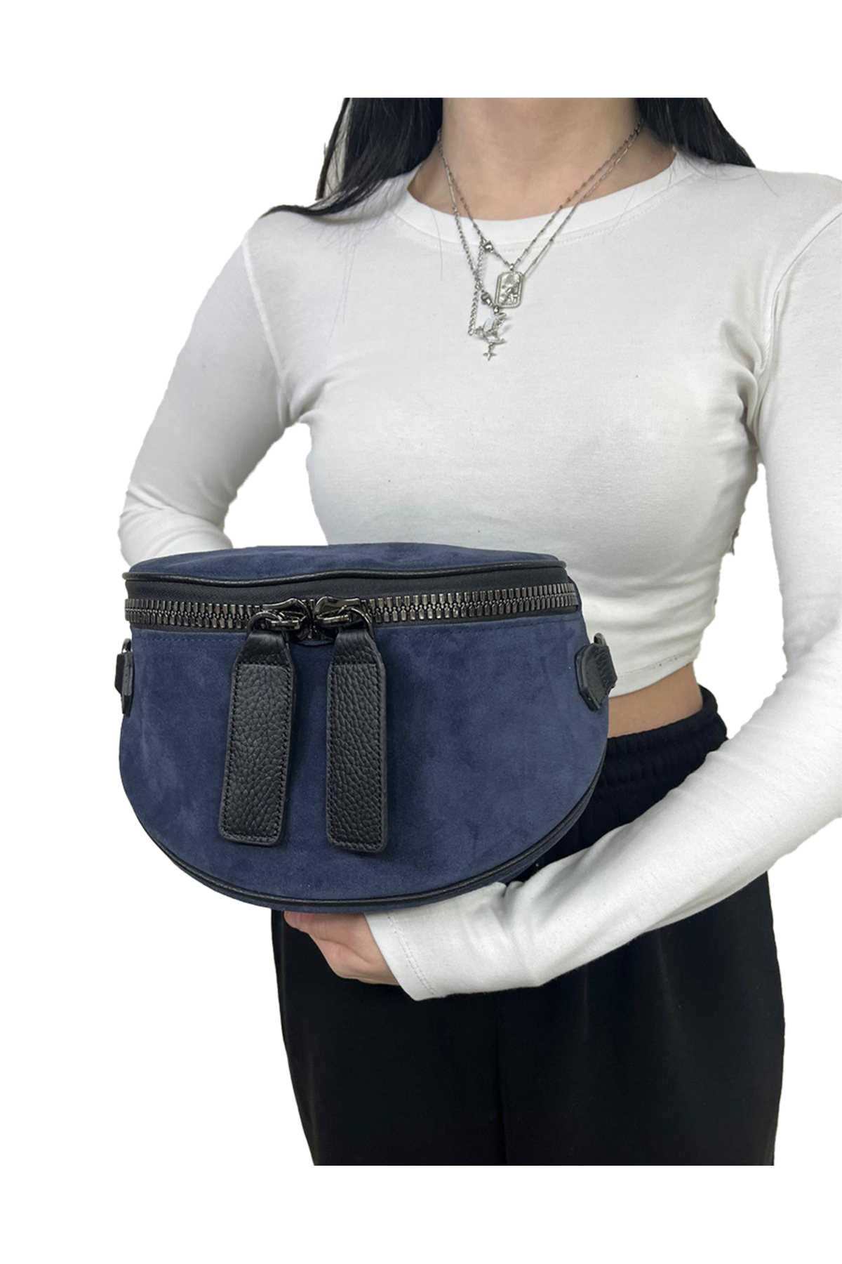 BAG SUEDE NAVY 100% Real leather waist bag (bady bag)