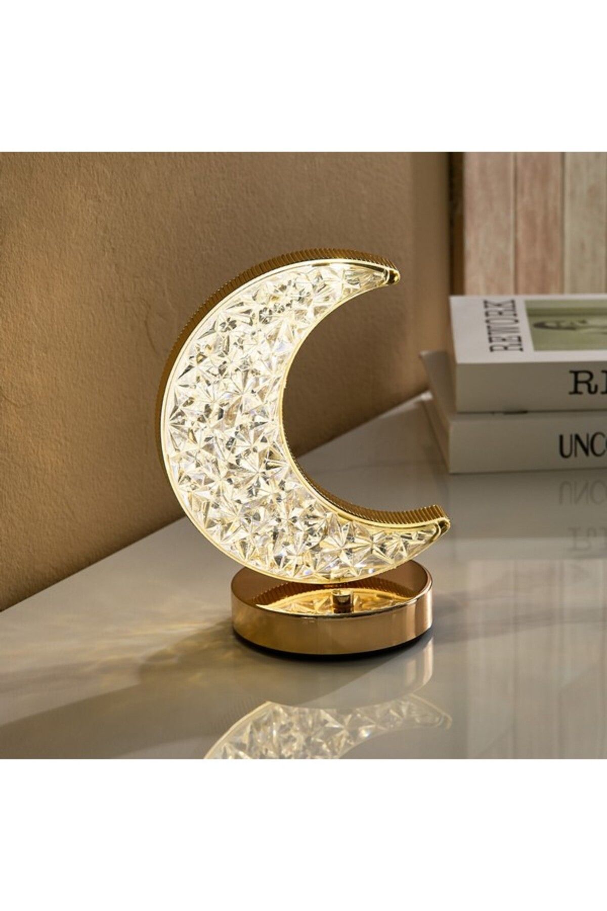 Home Box-Dux Rechargeable Crescent Moon Metal Base Table Lamp with Crystal Shade and Touch Switch 3