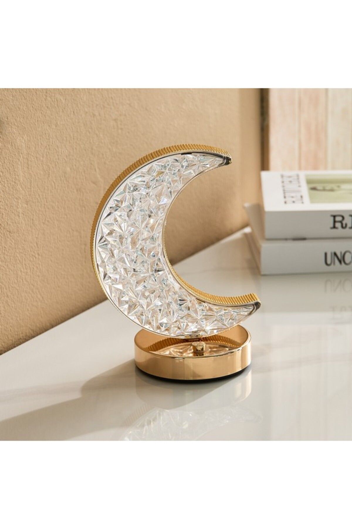 Home Box-Dux Rechargeable Crescent Moon Metal Base Table Lamp with Crystal Shade and Touch Switch 4