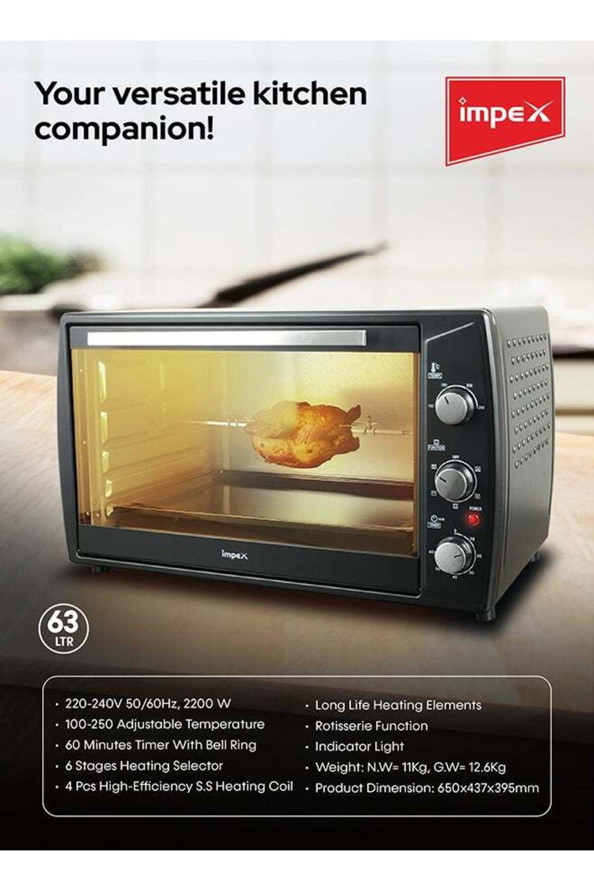 İMPEX-Electric Oven 63Ltr Rotisserie Function, Temp 100-250°C, 60-Min Timer, 6 Heating Level 2200W OV2903 7
