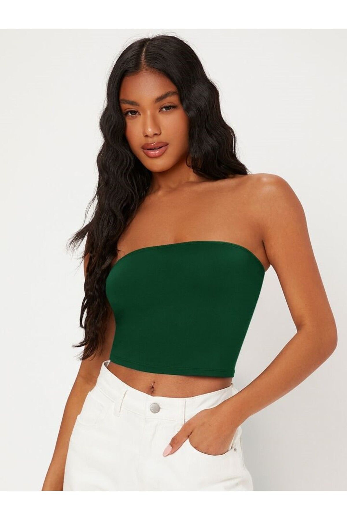 Olyssia-Women's Dark Green Single Jersey / Bustier Strapless Crop 2