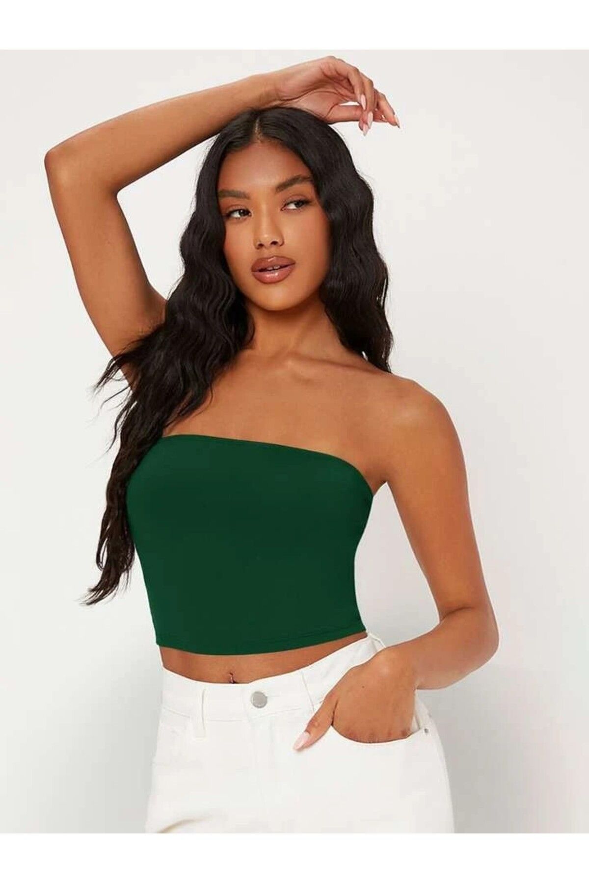 Olyssia-Women's Dark Green Single Jersey / Bustier Strapless Crop 1