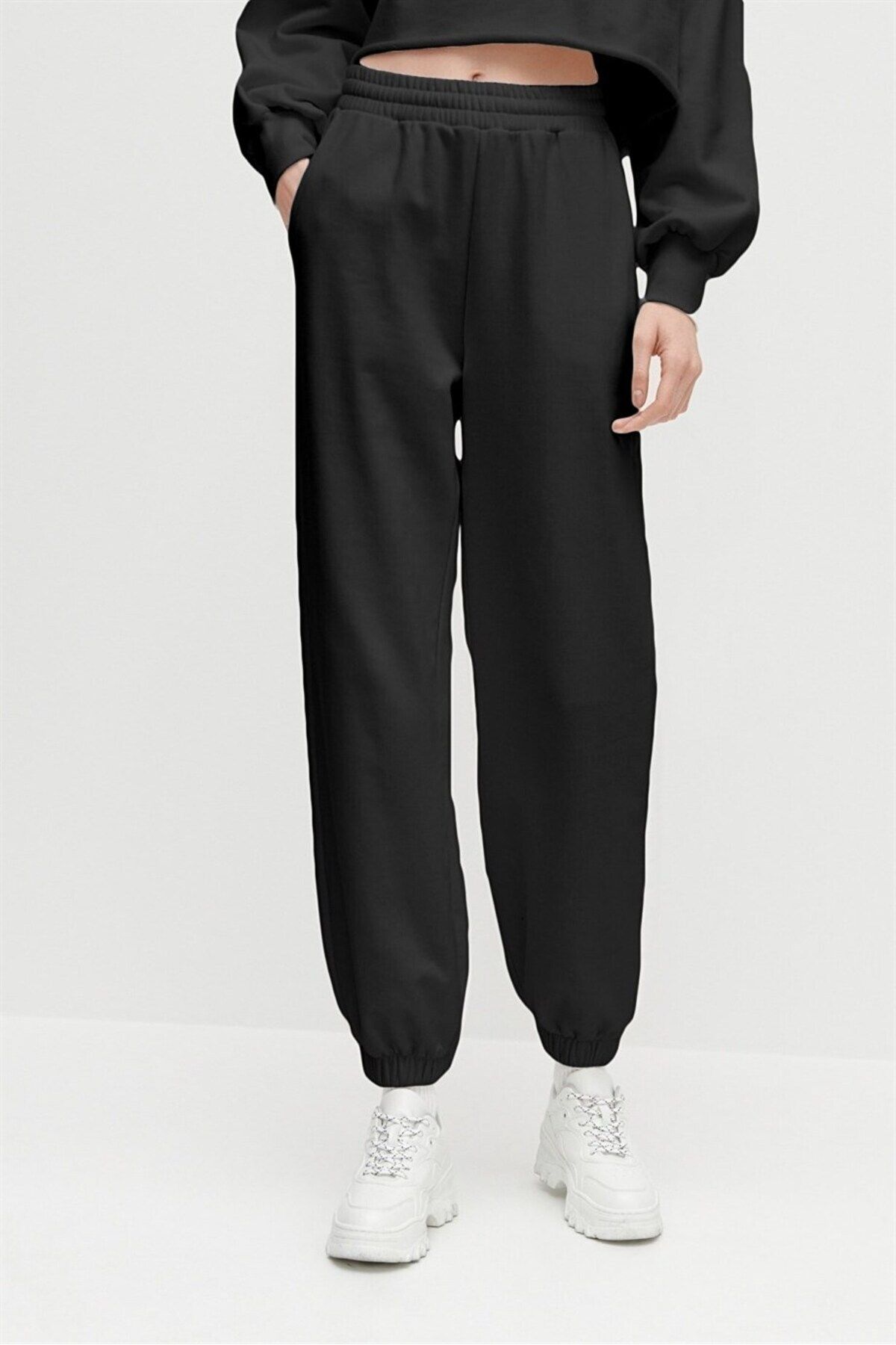 Navcoli-Black Oversize Cutout Sweatshirt and Elastic Jogger Tracksuit Set - 5069U_5069A_2010 2