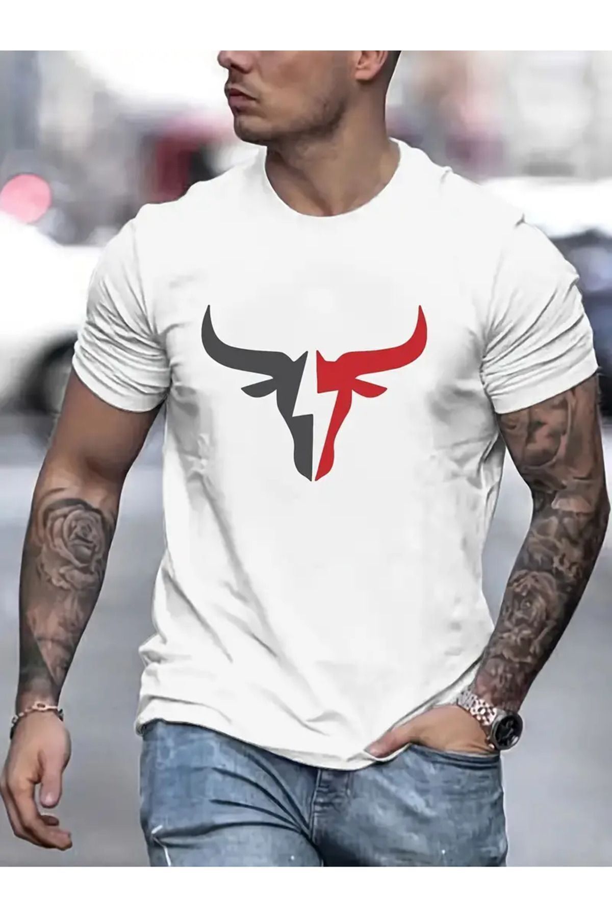 FoxSkin Sportswear&Company Boynuz Tasarım Tişört - Beyaz Baskılı Oversize Yazlık Kısa Kol T-Shirt Bisiklet Yaka