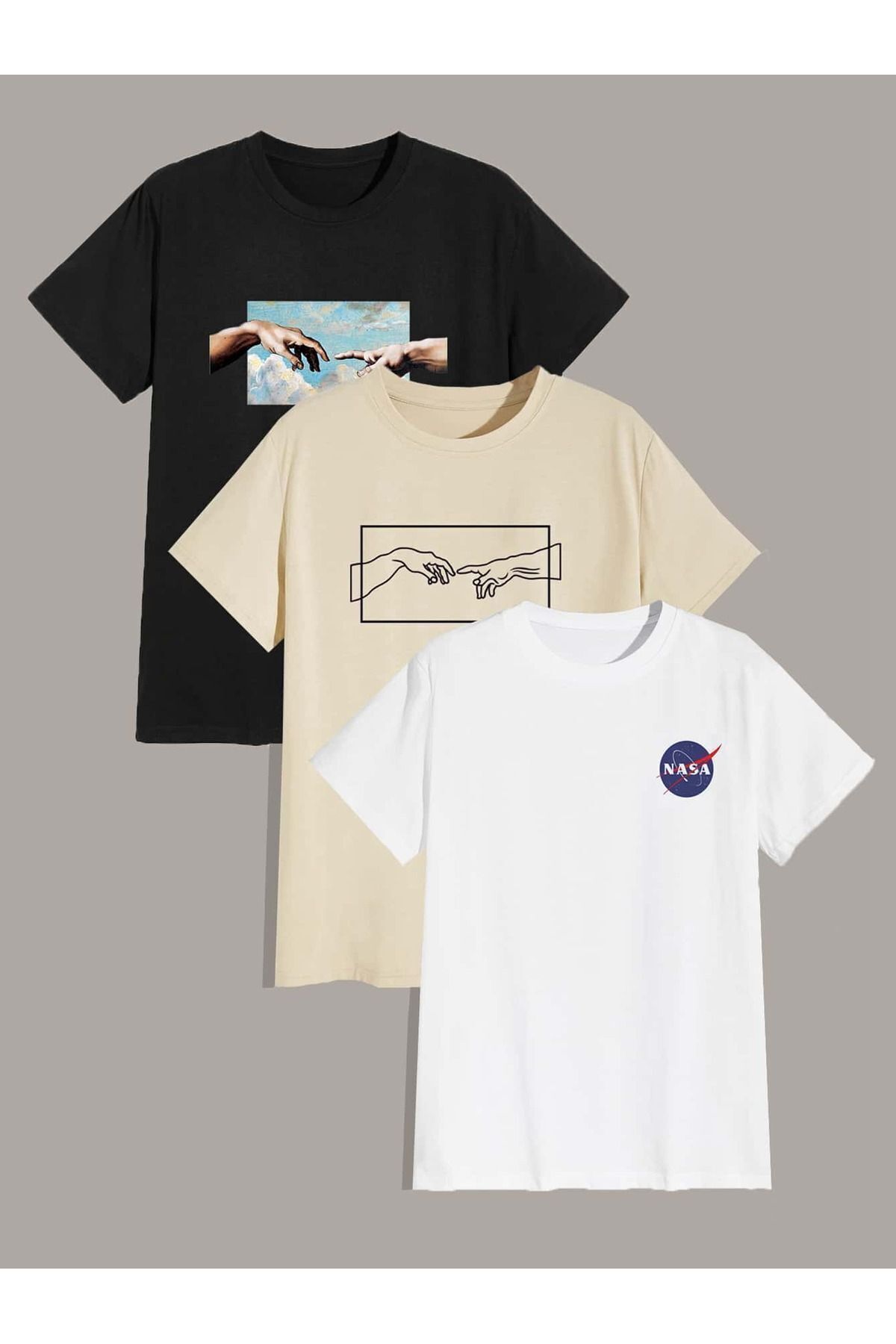 FoxSkin Sportswear&Company 3'lü Michelangelo Nasa Tişört - Siyah Bej Beyaz Baskılı Oversize Yazlık T-Shirt Bisiklet Yaka