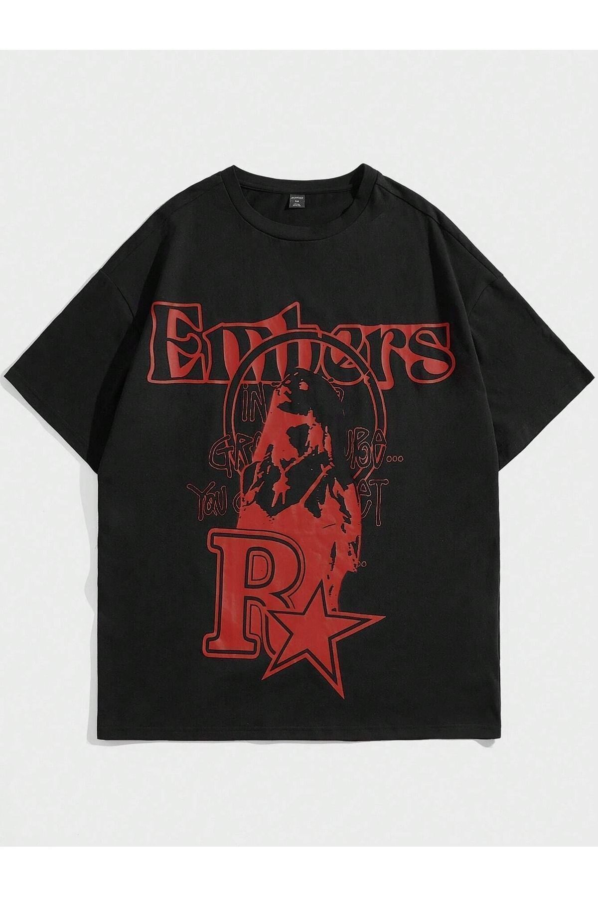 FoxSkin Sportswear&Company Embers Tişört - Siyah Baskılı Oversize Yazlık Kısa Kol T-Shirt Bisiklet Yaka