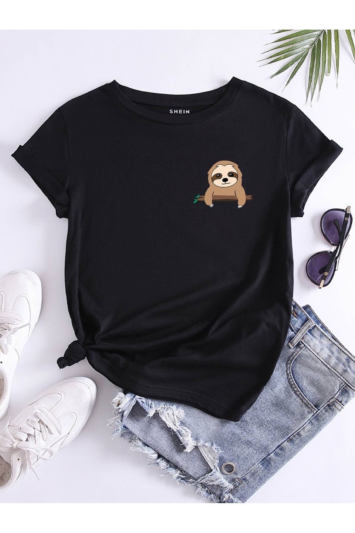 FoxSkin Sportswear&Company Sloth Tişört - Siyah Baskılı Oversize Yazlık Kısa Kol T-Shirt Bisiklet Yaka