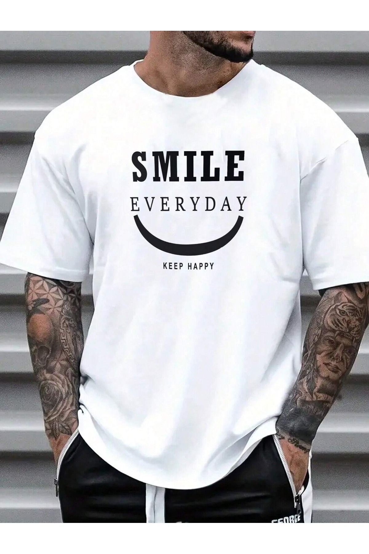 FoxSkin Sportswear&Company Smile Everyday Tişört - Beyaz Baskılı Oversize Yazlık Kısa Kol T-Shirt Bisiklet Yaka