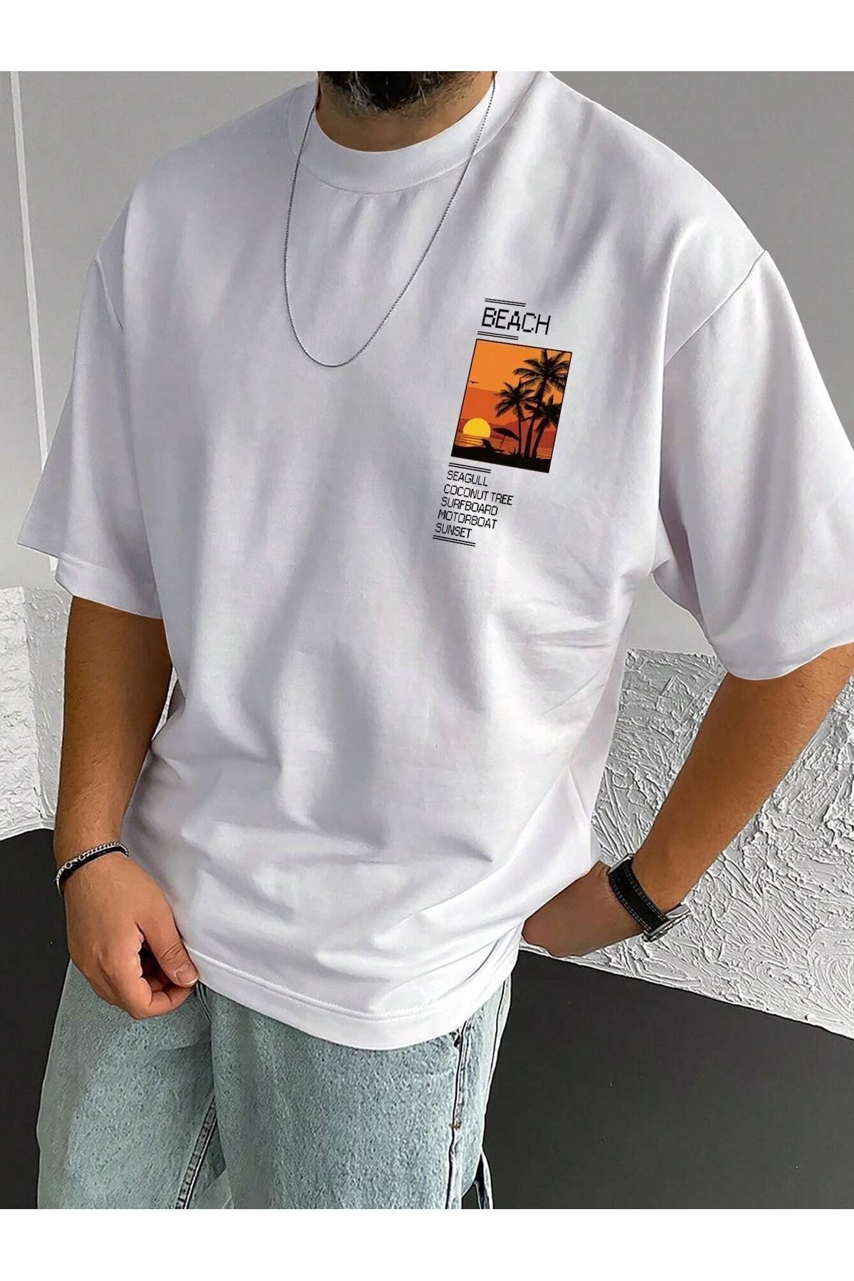 FoxSkin Sportswear&Company Beach Sunset Tişört - Beyaz Baskılı Oversize Yazlık Kısa Kol T-Shirt Bisiklet Yaka