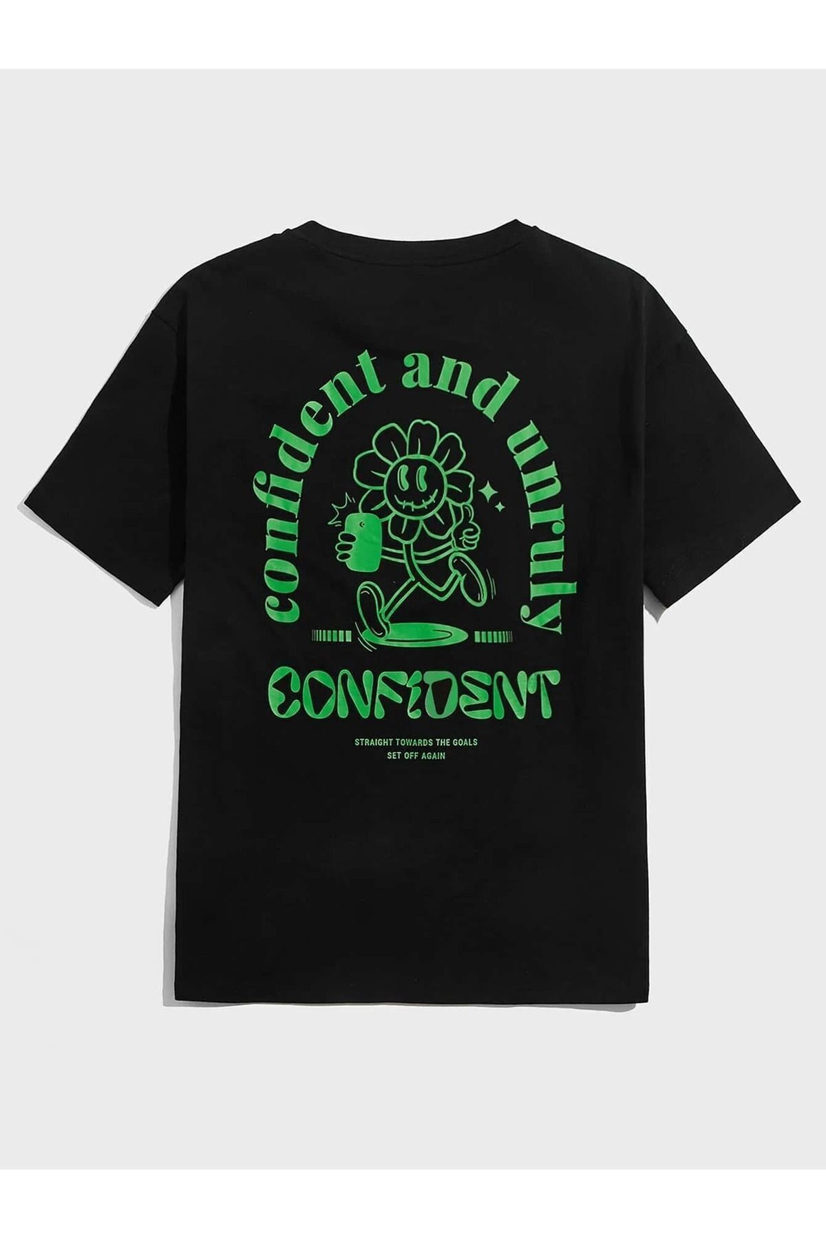 FoxSkin Sportswear&Company Confident Tişört - Siyah Baskılı Oversize Yazlık Kısa Kol T-Shirt Bisiklet Yaka