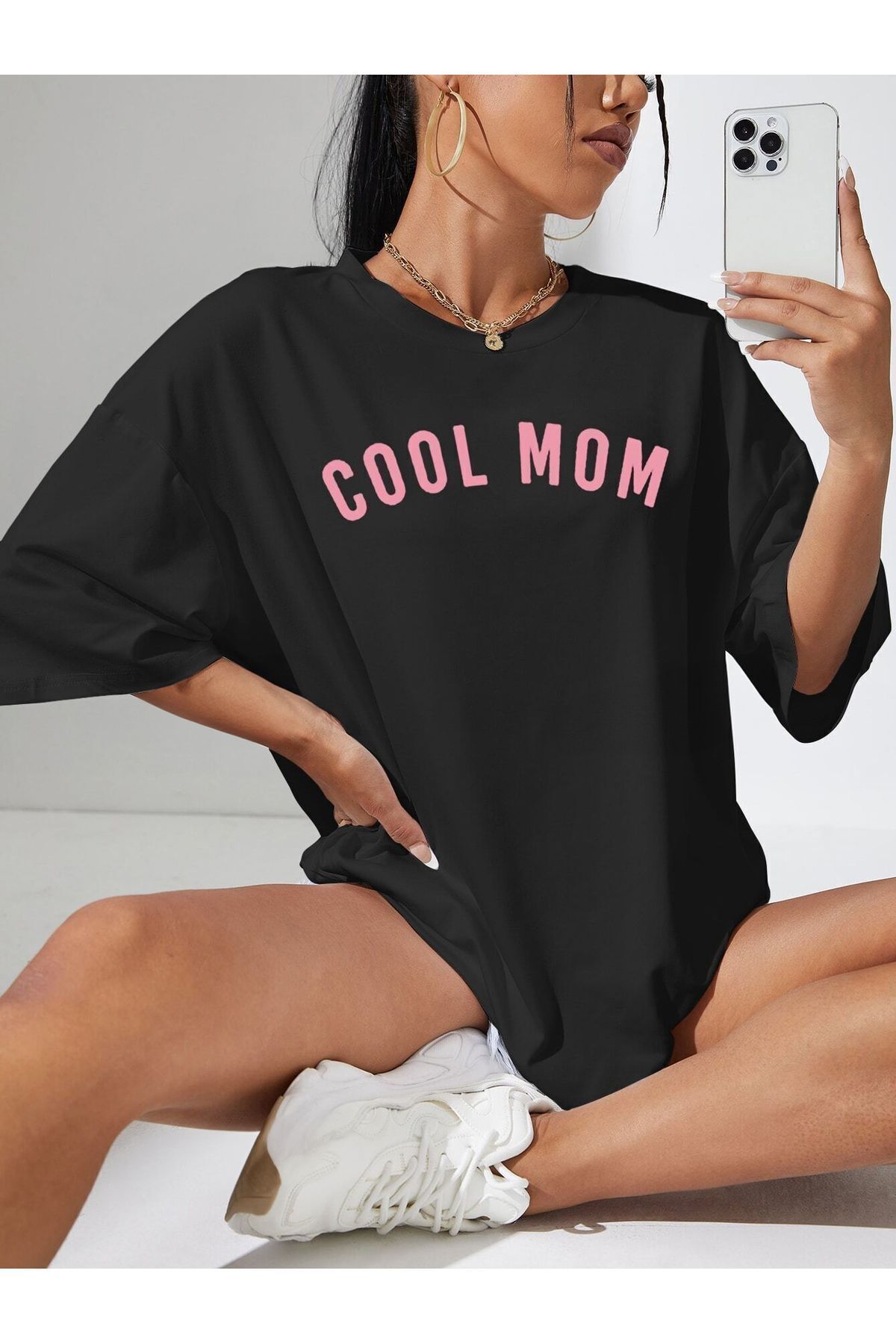 FoxSkin Sportswear&Company Cool Mom Tişört - Siyah Baskılı Oversize Yazlık Kısa Kol T-Shirt Bisiklet Yaka