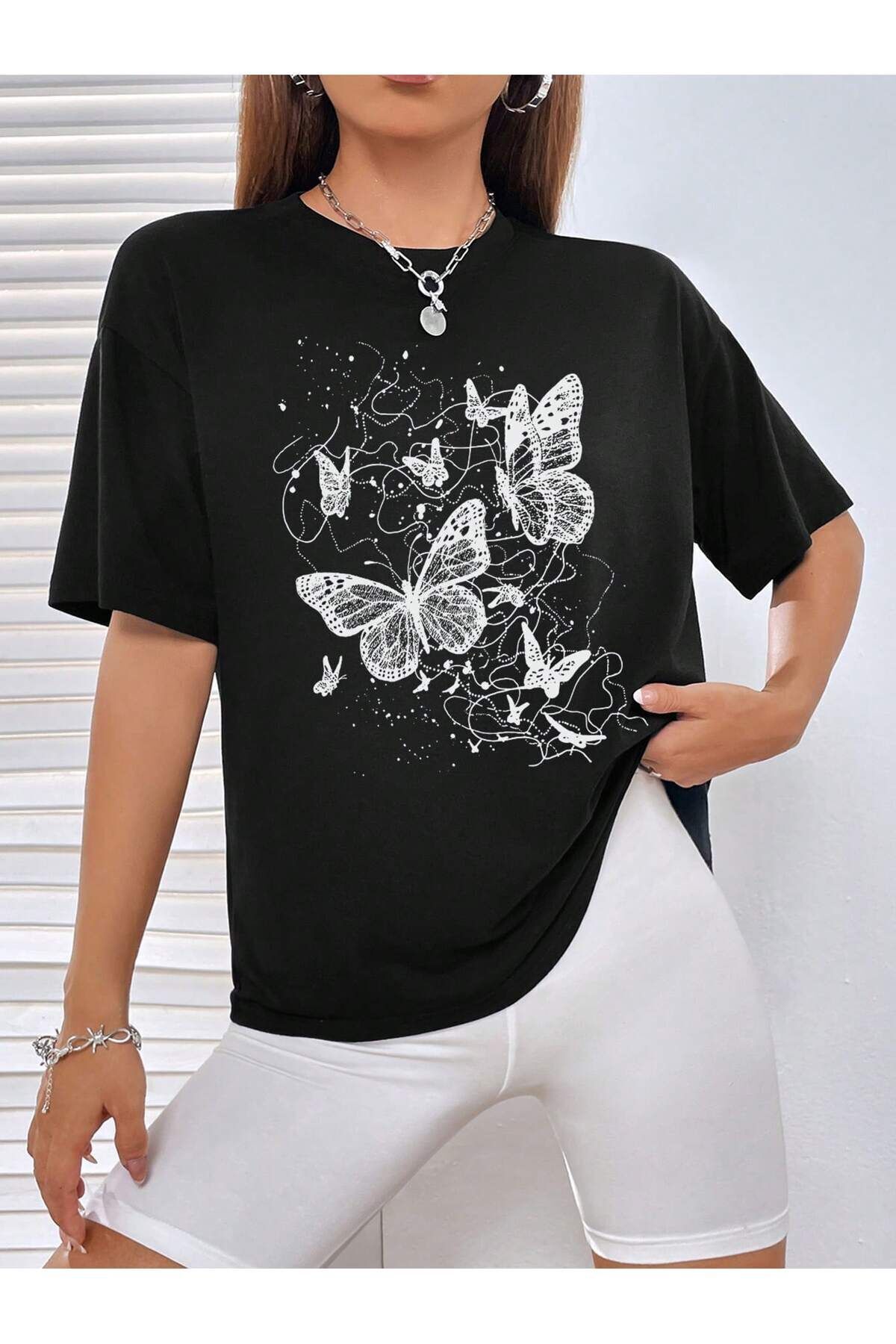 FoxSkin Sportswear&Company Çizgili Kelebekler Tişört - Siyah Baskılı Oversize Yazlık Kısa Kol T-Shirt Bisiklet Yaka