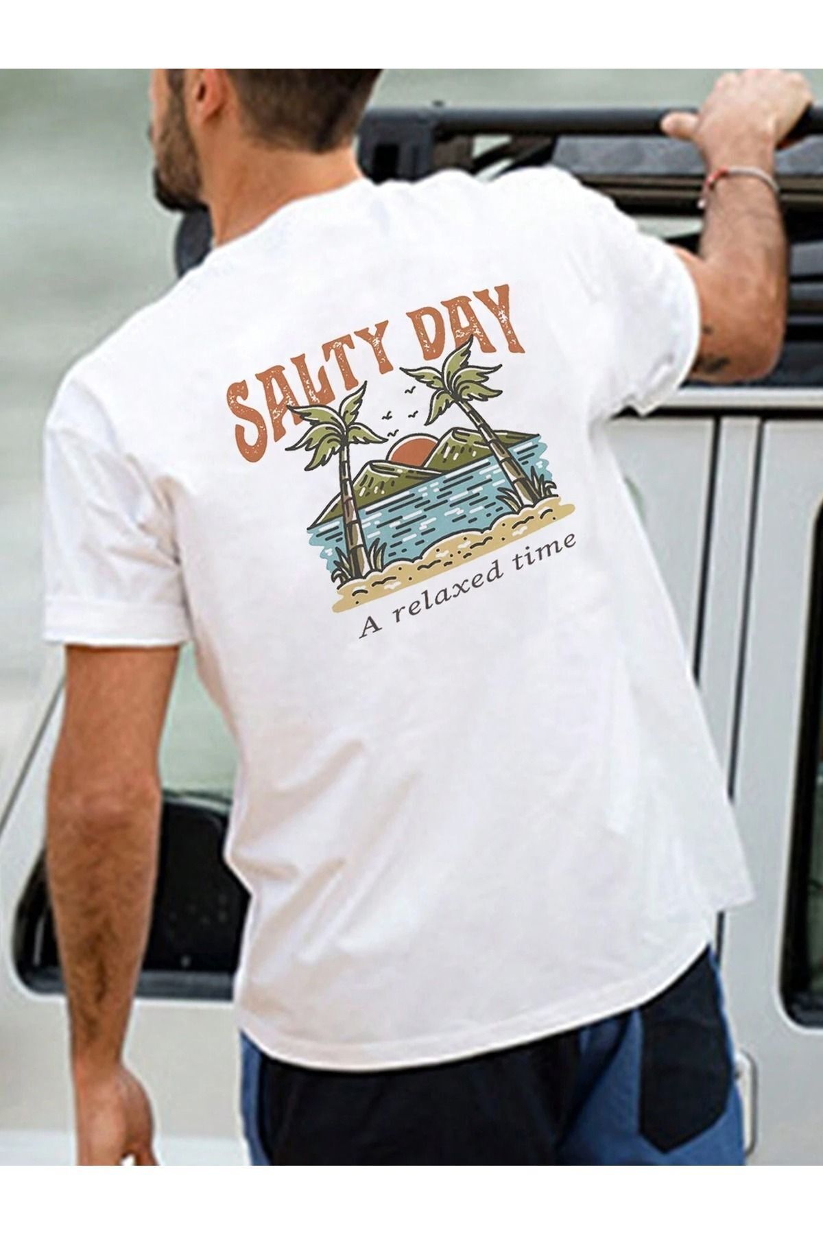 FoxSkin Sportswear&Company Salty Day Tişört - Beyaz Baskılı Oversize Yazlık Kısa Kol T-Shirt Bisiklet Yaka