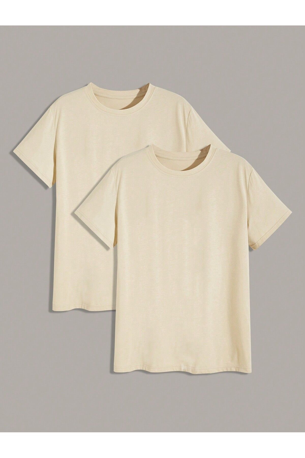 FoxSkin Sportswear&Company 2'li Düz Basic Tişört - Bej Oversize Baskısız Yazlık Kısa Kol T-Shirt Bisiklet Yaka