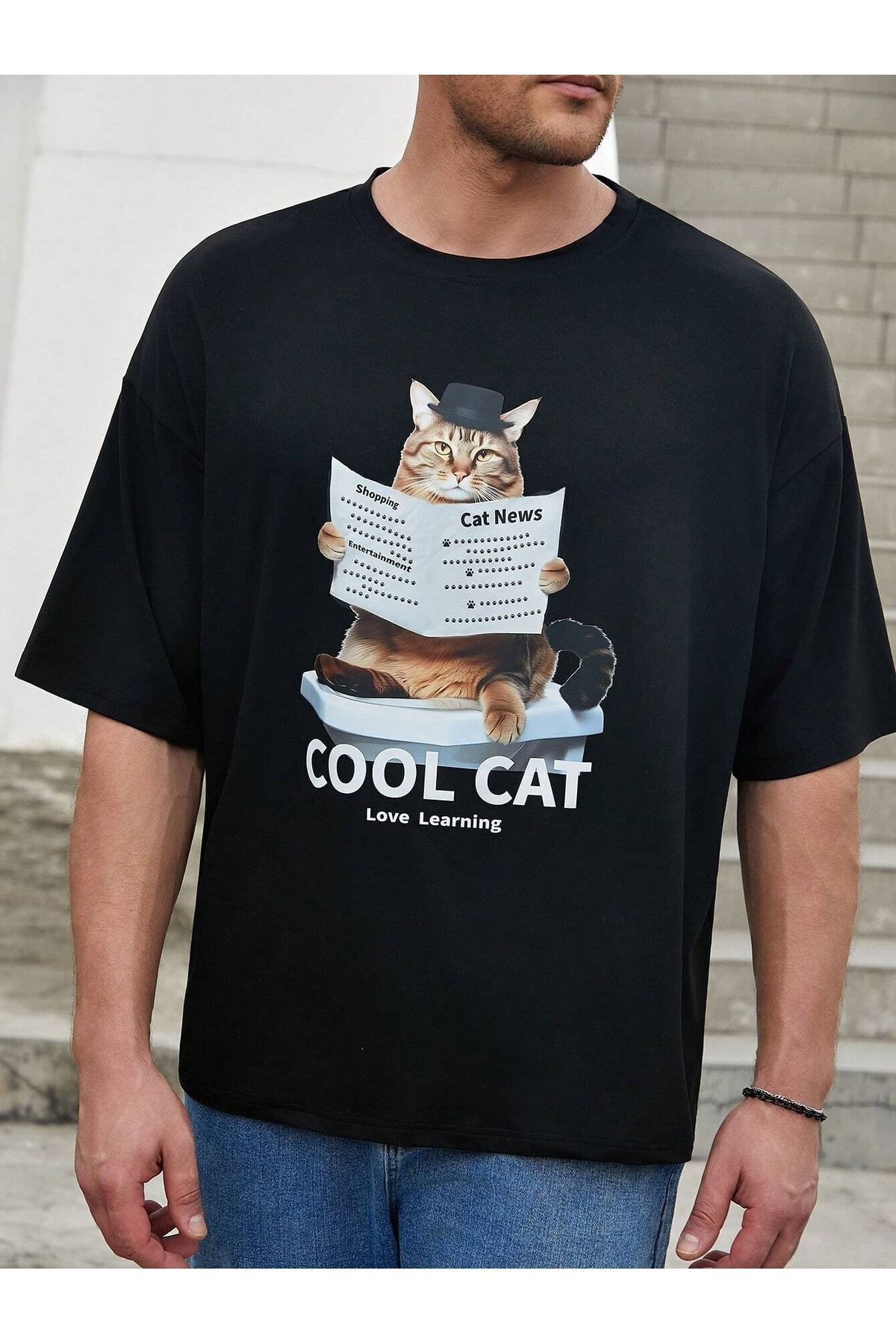 FoxSkin Sportswear&Company Cool Cat Tişört - Siyah Baskılı Oversize Yazlık Kısa Kol T-Shirt Bisiklet Yaka