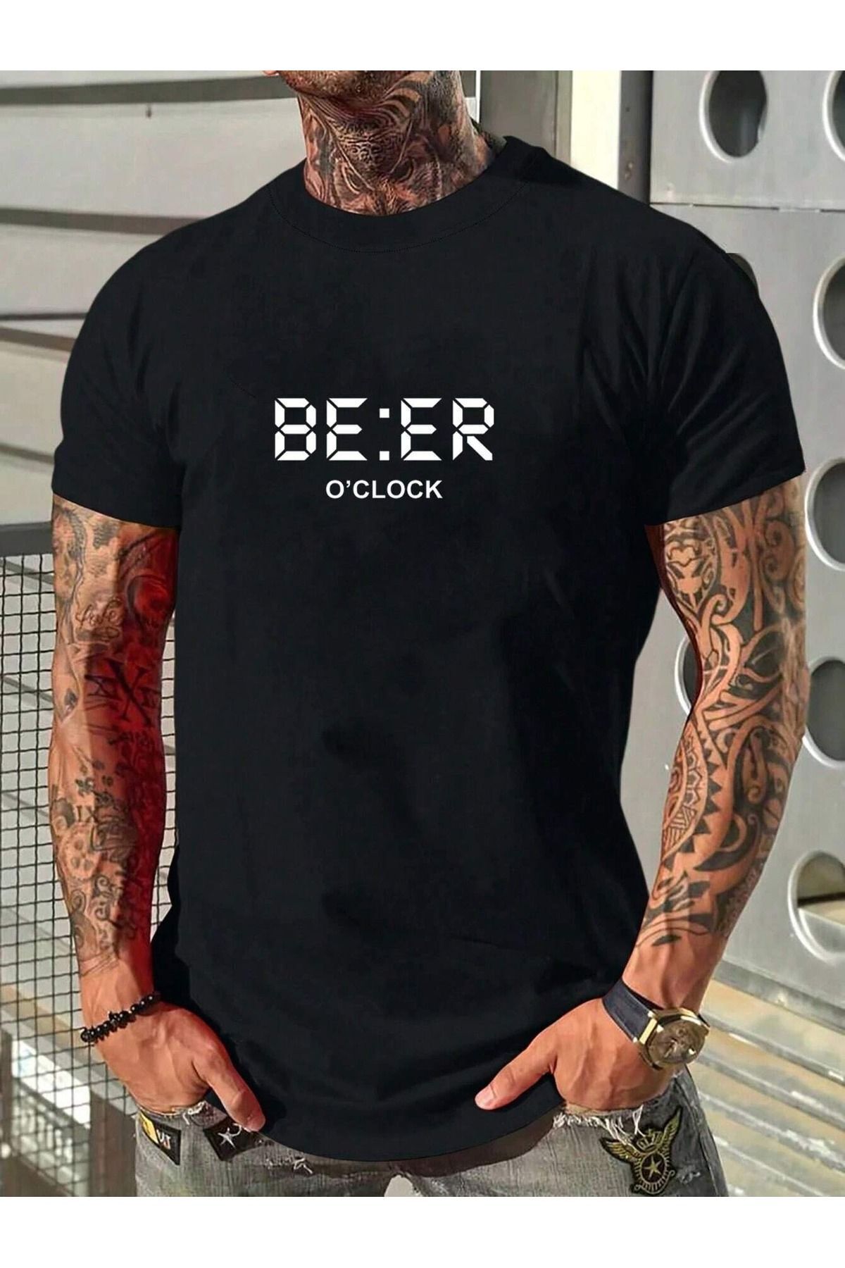 FoxSkin Sportswear&Company Beer Clock Tişört - Siyah Baskılı Oversize Yazlık Kısa Kol T-Shirt Bisiklet Yaka