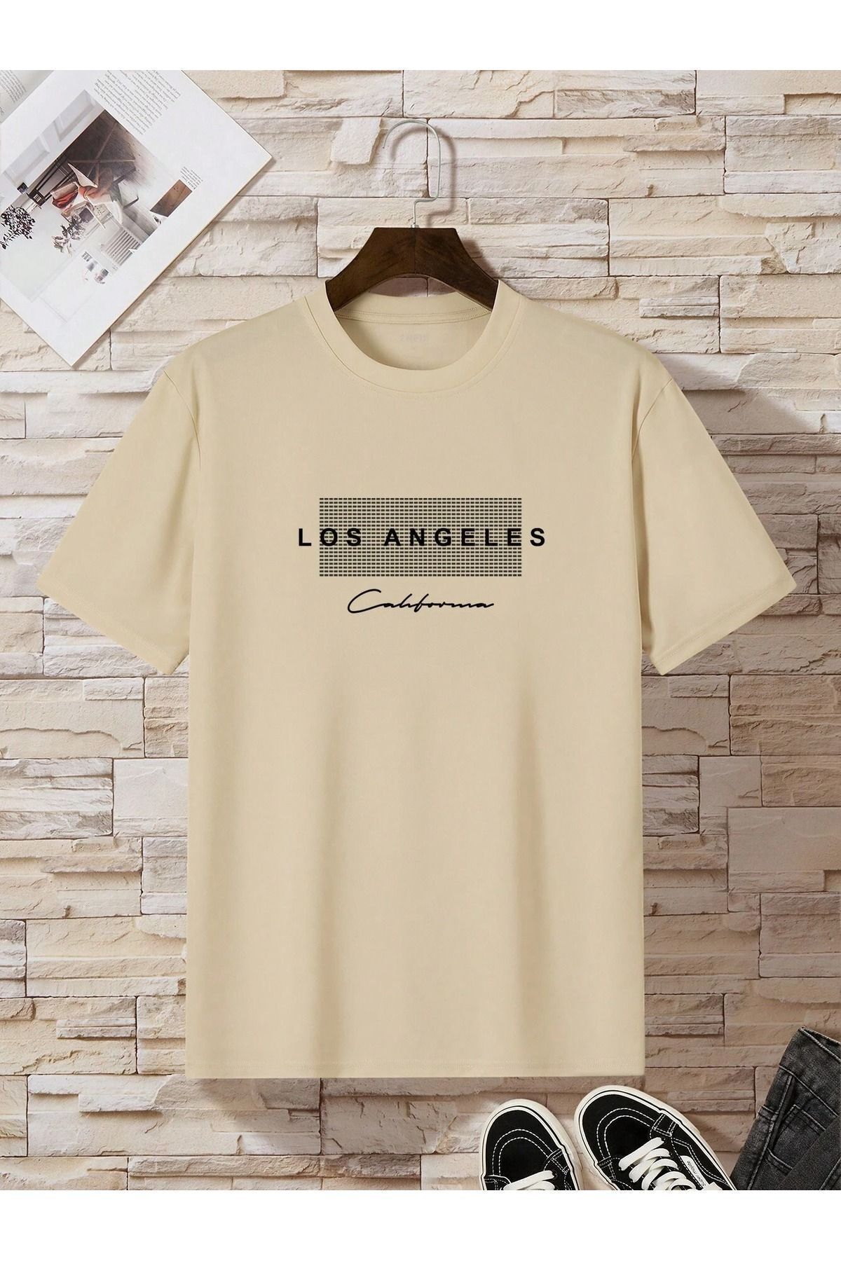 FoxSkin Sportswear&Company Los Angeles Nokta Tişört - Bej Baskılı Oversize Yazlık Kısa Kol T-Shirt Bisiklet Yaka