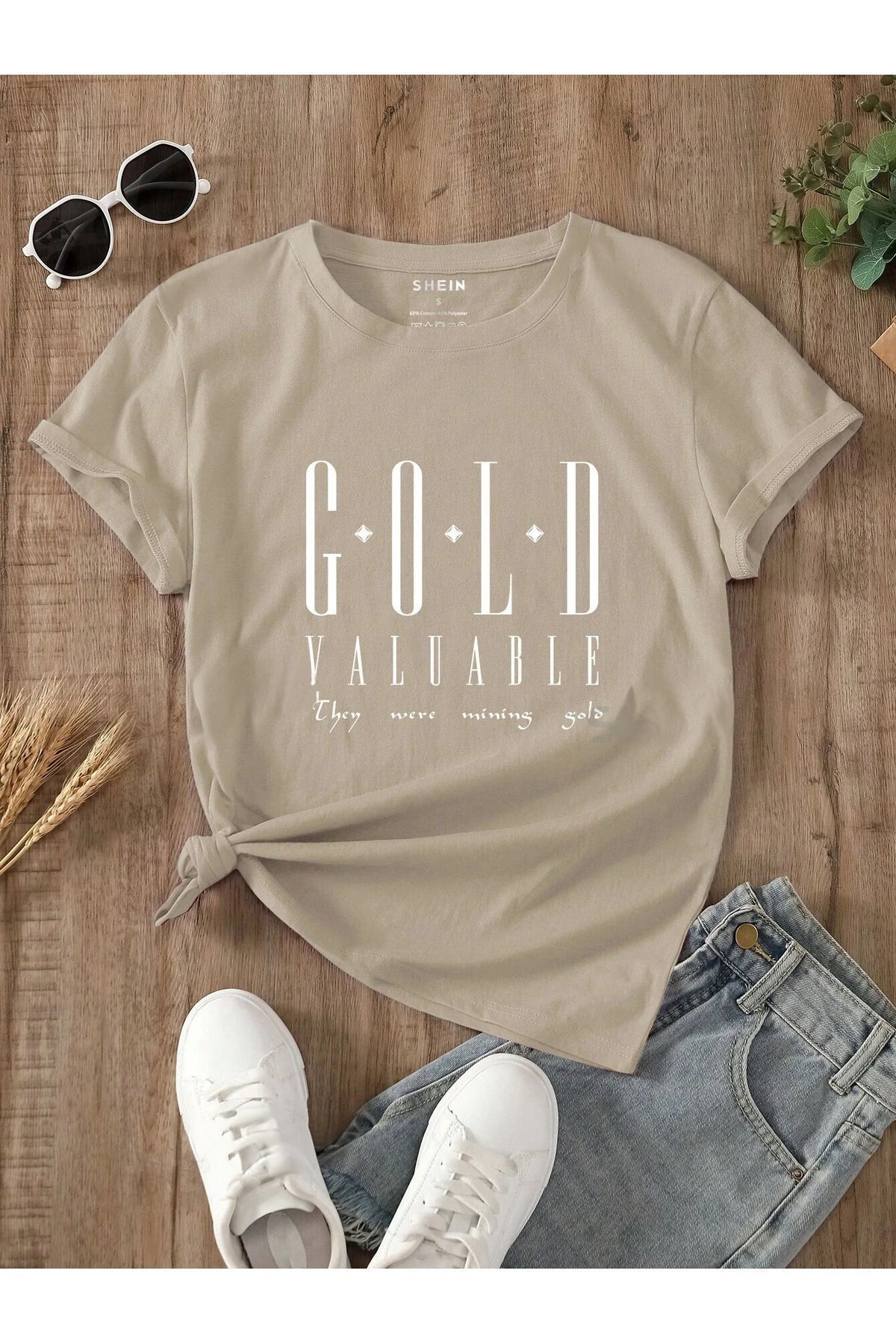 FoxSkin Sportswear&Company Cold Valuable Tişört - Bej Baskılı Oversize Yazlık Kısa Kol T-Shirt Bisiklet Yaka