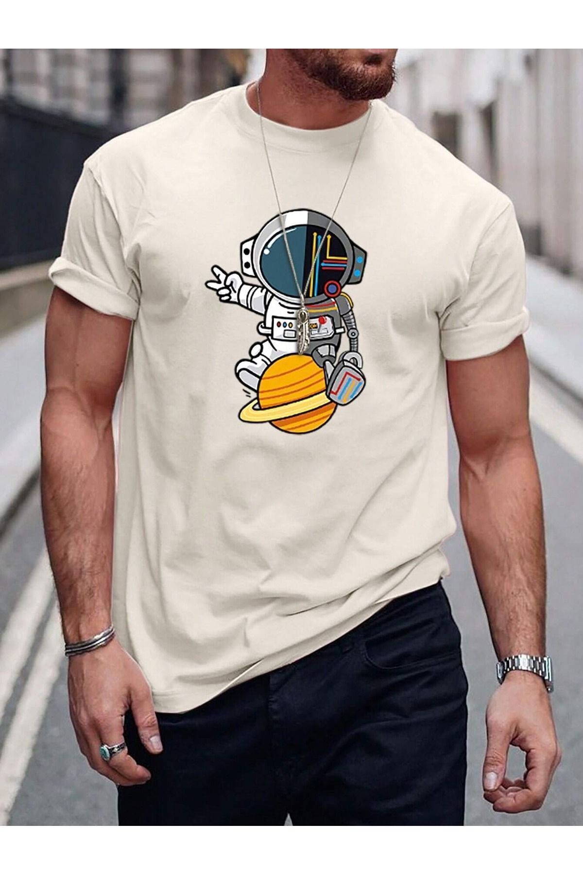 FoxSkin Sportswear&Company Astronot Çizim Tişört - Bej Baskılı Oversize Yazlık Kısa Kol T-Shirt Bisiklet Yaka