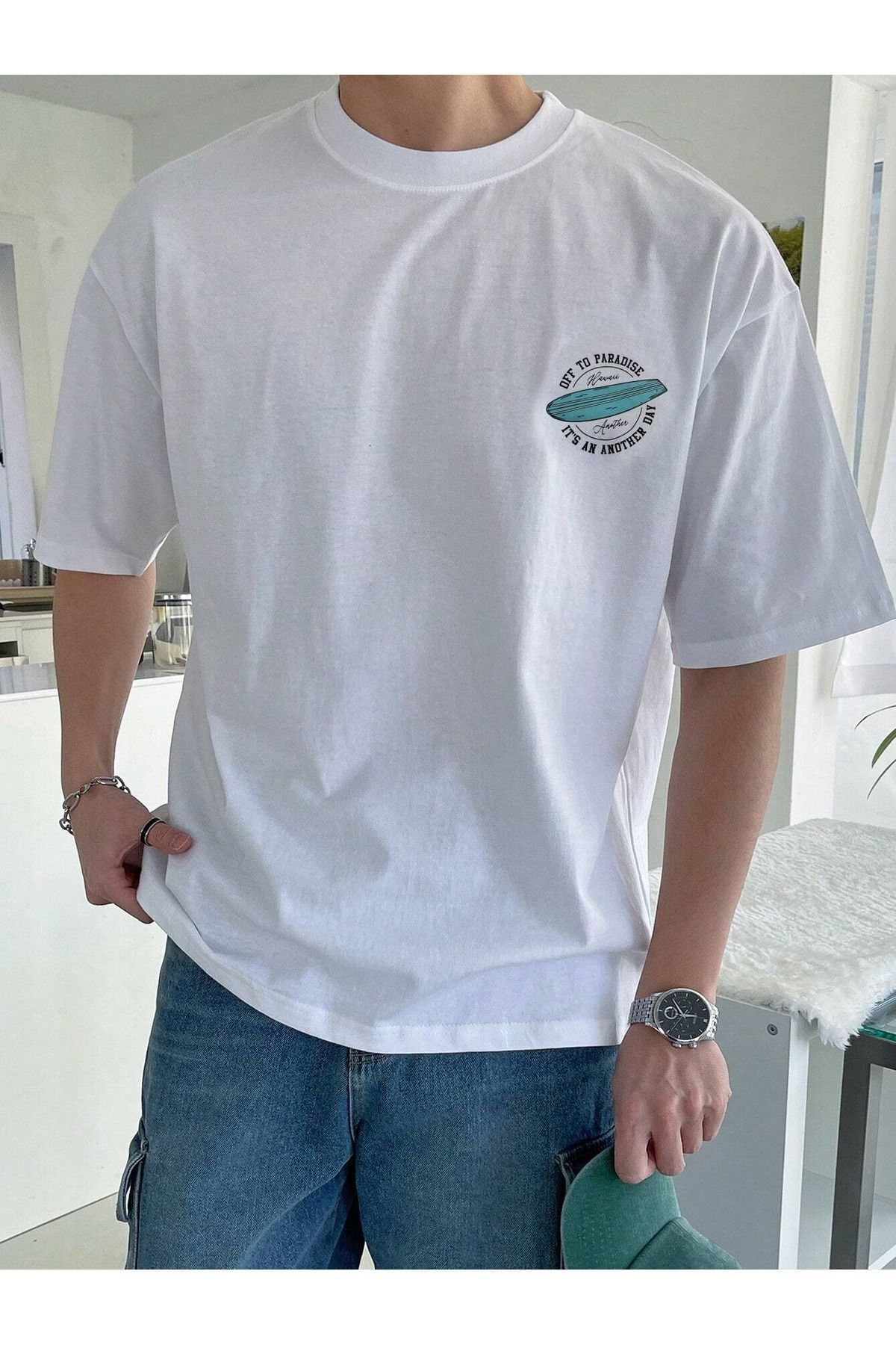 FoxSkin Sportswear&Company Off The Paradise Tişört - Beyaz Baskılı Oversize Yazlık Kısa Kol T-Shirt Bisiklet Yaka
