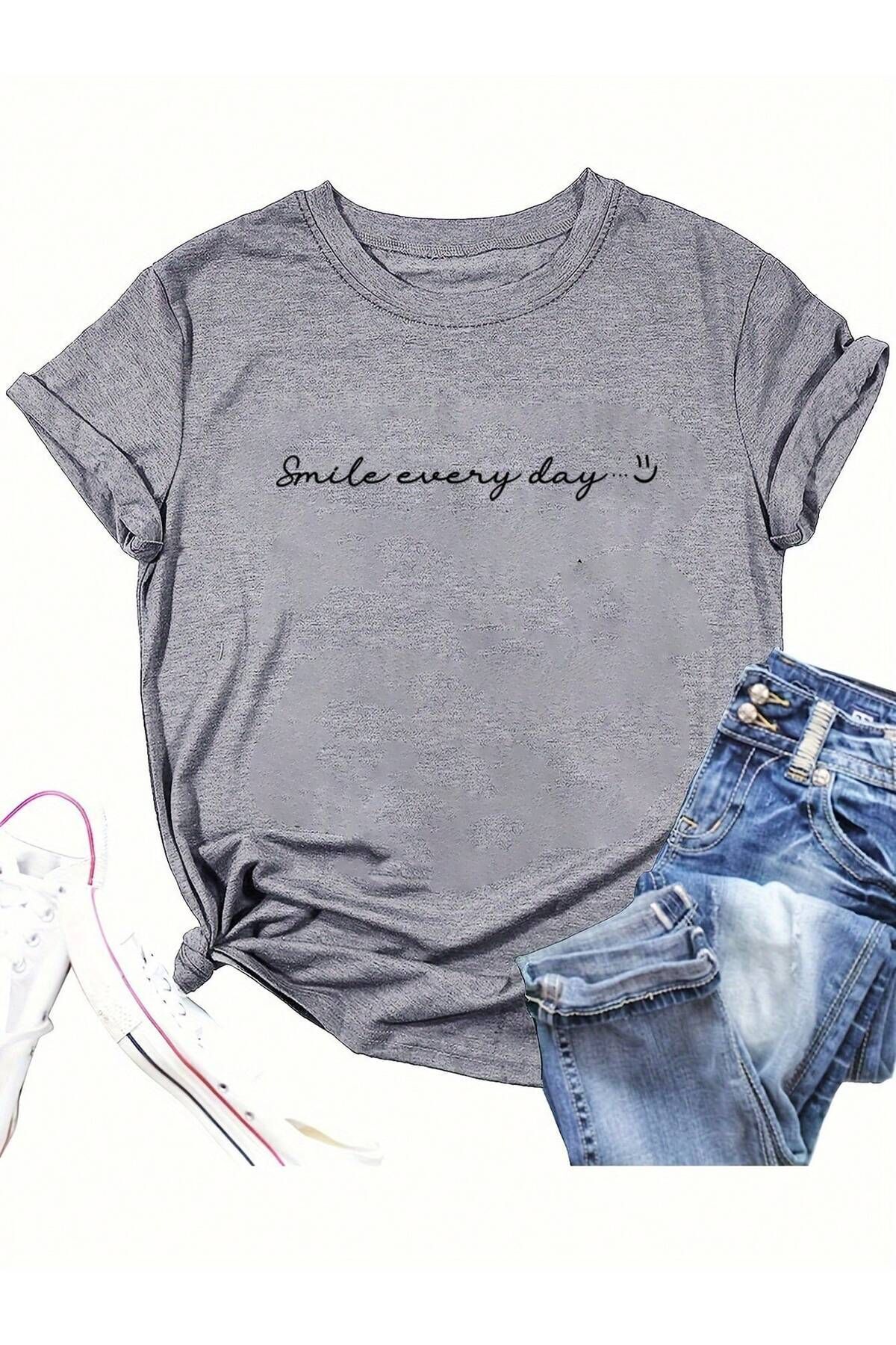 FoxSkin Sportswear&Company Smile Every Day Tişört - Gri Baskılı Oversize Yazlık Kısa Kol T-Shirt Bisiklet Yaka