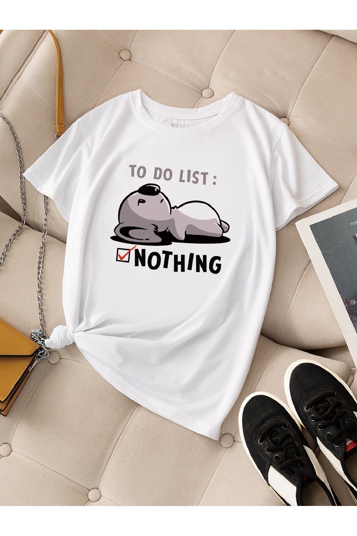 FoxSkin Sportswear&Company To Do List Nothing Tişört - Beyaz Baskılı Oversize Yazlık Kısa Kol T-Shirt Bisiklet Yaka