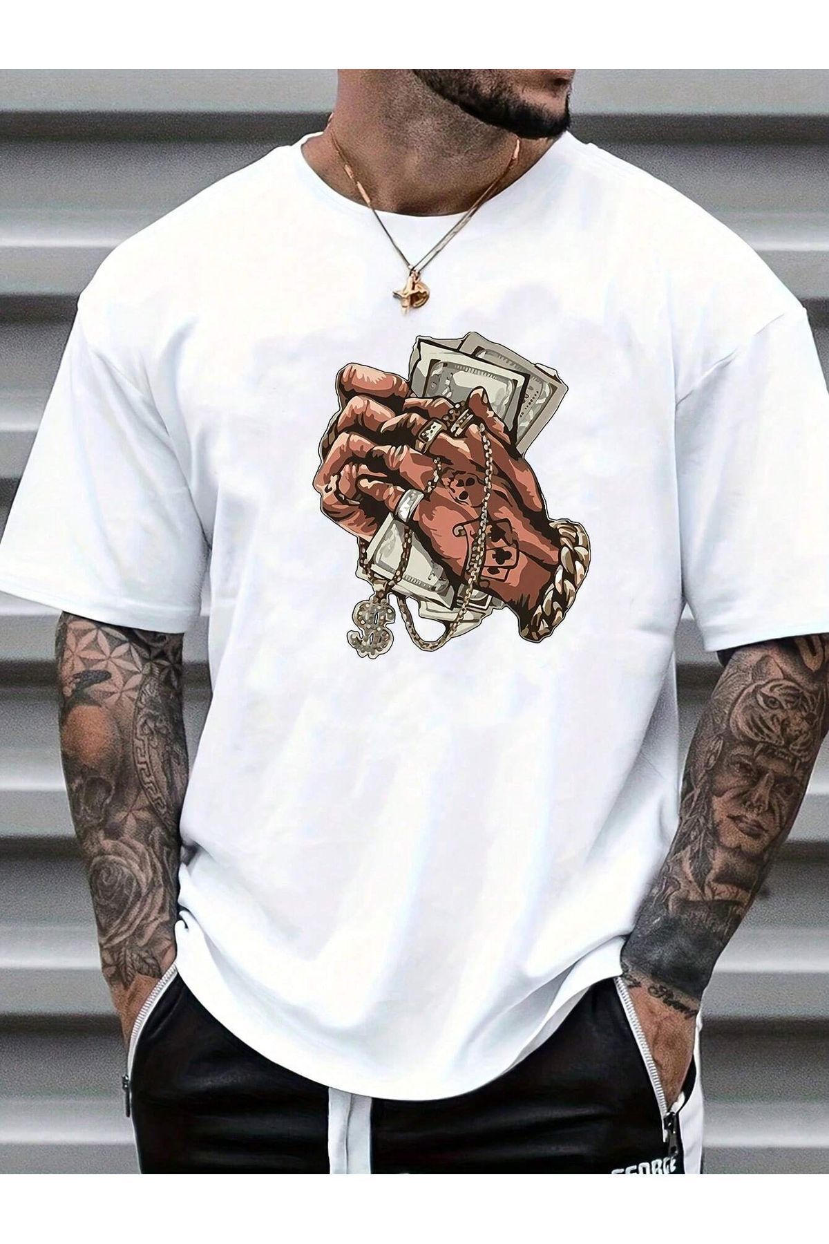 FoxSkin Sportswear&Company Dollar Hand Tişört - Beyaz Baskılı Oversize Yazlık Kısa Kol T-Shirt Bisiklet Yaka