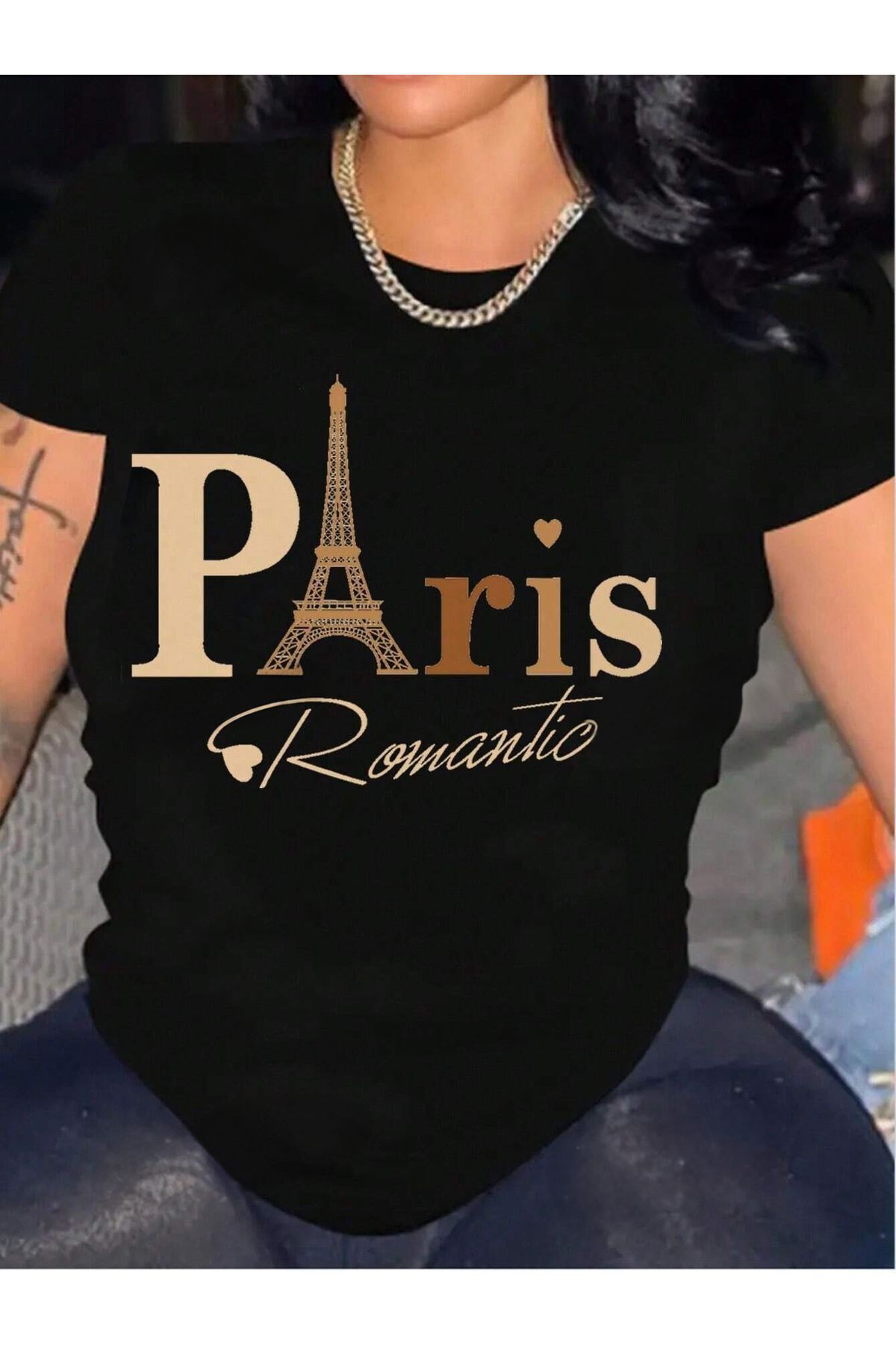 FoxSkin Sportswear&Company Paris Romantic Tişört - Siyah Baskılı Oversize Yazlık Kısa Kol T-Shirt Bisiklet Yaka