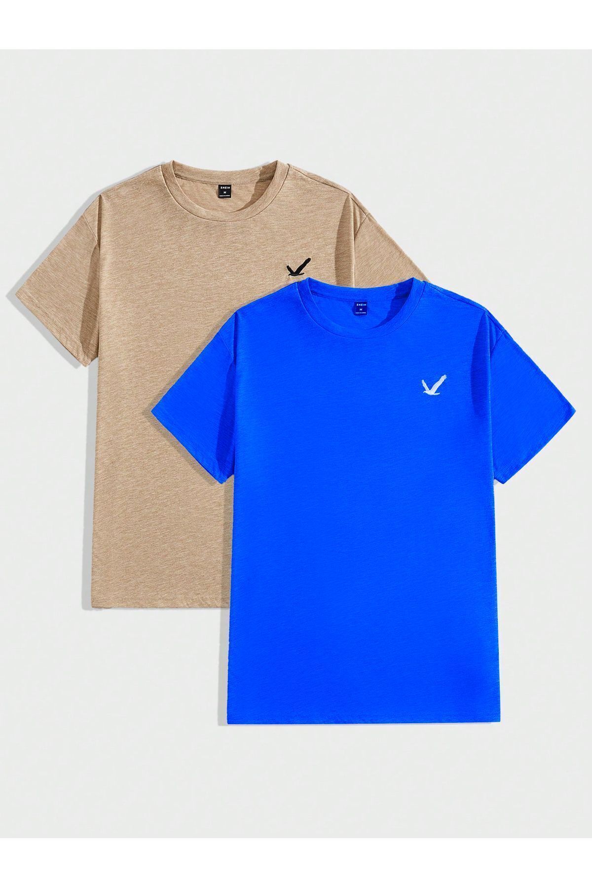 FoxSkin Sportswear&Company 2'li Uçan Kuş Logo Tişört - Bej Sax Mavi Baskılı Oversize Yazlık Kısa Kol T-Shirt Bisiklet Yaka