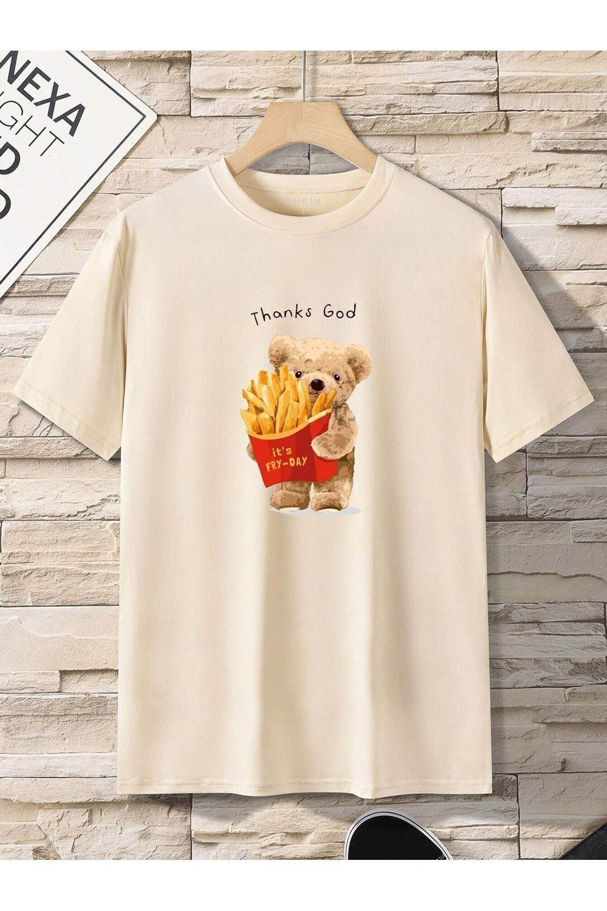 FoxSkin Sportswear&Company Fry Bear Tişört - Bej Baskılı Oversize Yazlık Kısa Kol T-Shirt Bisiklet Yaka
