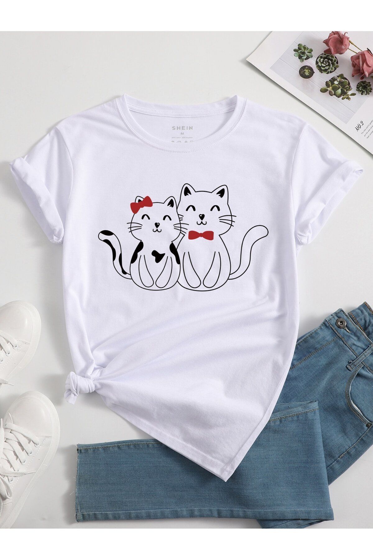 FoxSkin Sportswear&Company Mutlu Kediler Tişört - Beyaz Baskılı Oversize Yazlık Kısa Kol T-Shirt Bisiklet Yaka