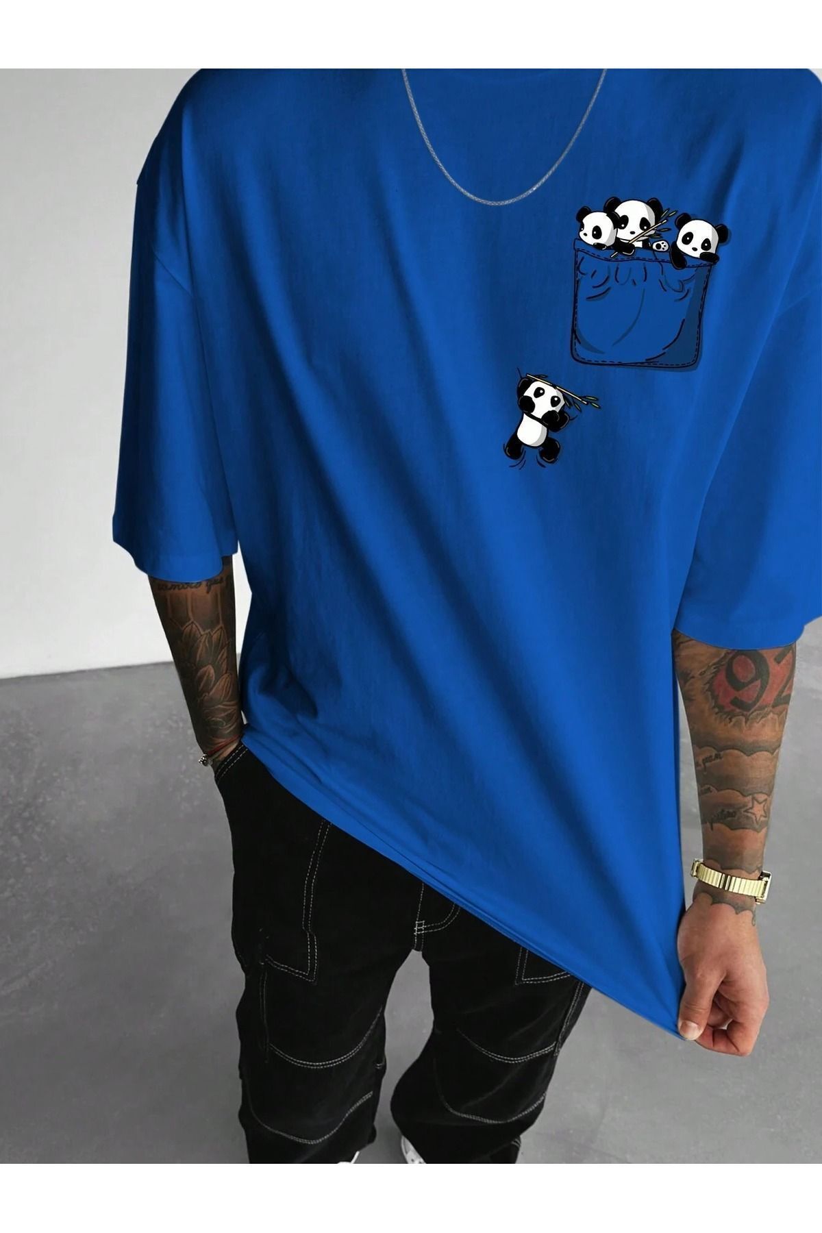 FoxSkin Sportswear&Company Cep Panda Tişört - Sax Mavi Baskılı Oversize Yazlık Kısa Kol T-Shirt Bisiklet Yaka