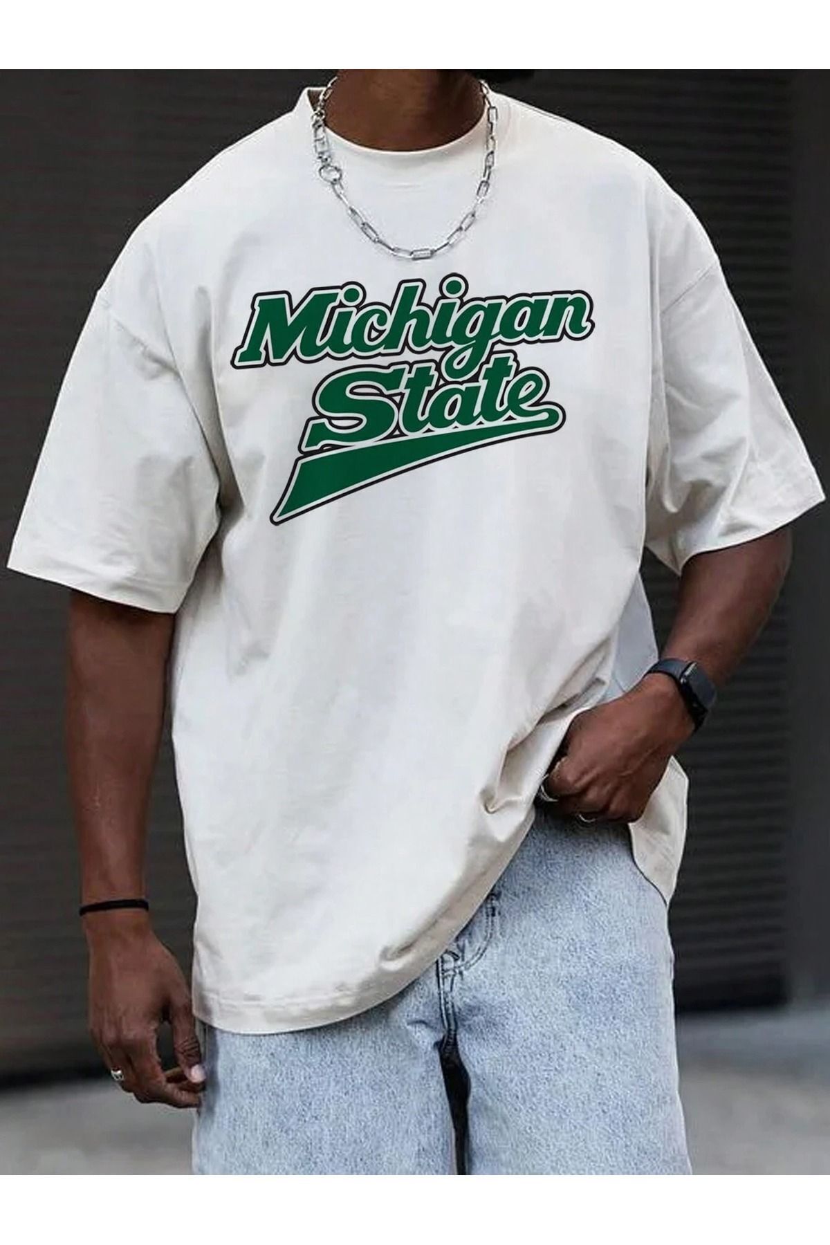 FoxSkin Sportswear&Company Michigan State Tişört - Beyaz Baskılı Oversize Yazlık Kısa Kol T-Shirt Bisiklet Yaka