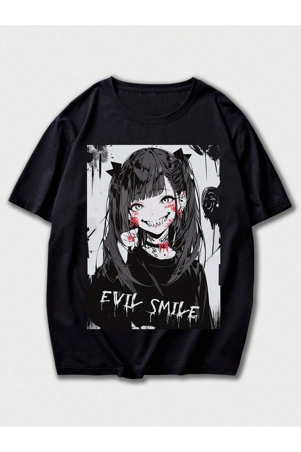 FoxSkin Sportswear&Company Evil Smile Tişört - Siyah Baskılı Oversize Yazlık Kısa Kol T-Shirt Bisiklet Yaka