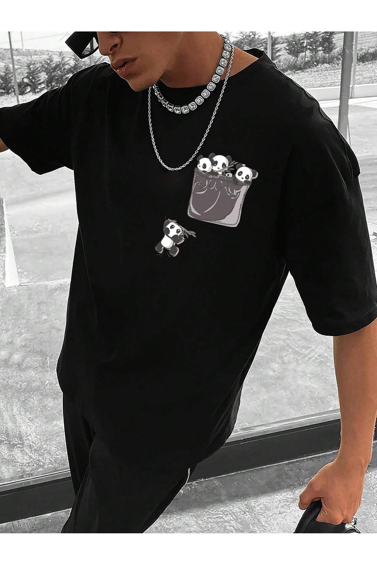 FoxSkin Sportswear&Company Cep Panda Tişört - Siyah Baskılı Oversize Yazlık Kısa Kol T-Shirt Bisiklet Yaka